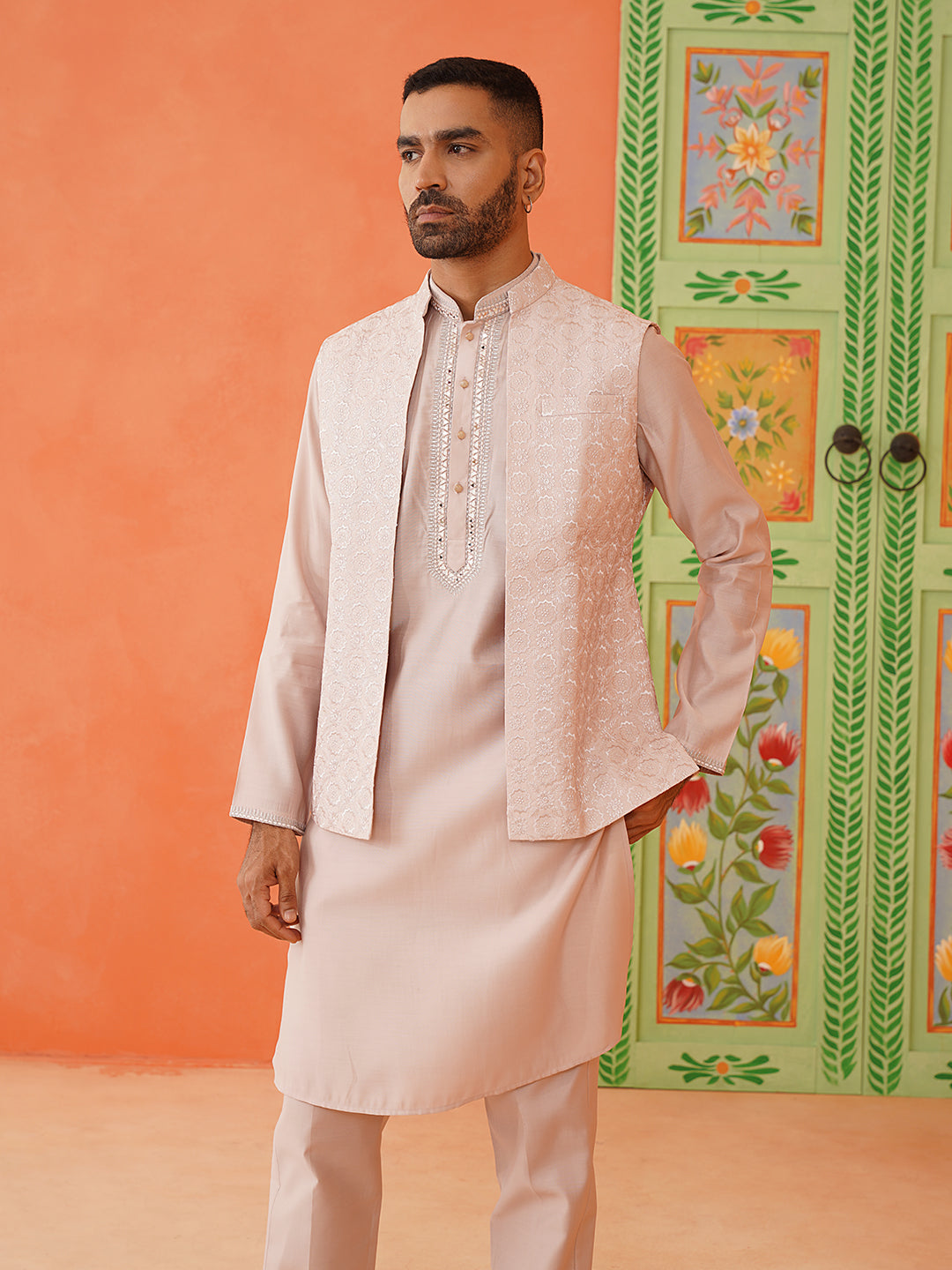 Peach Kurta Mirror Jacket Set