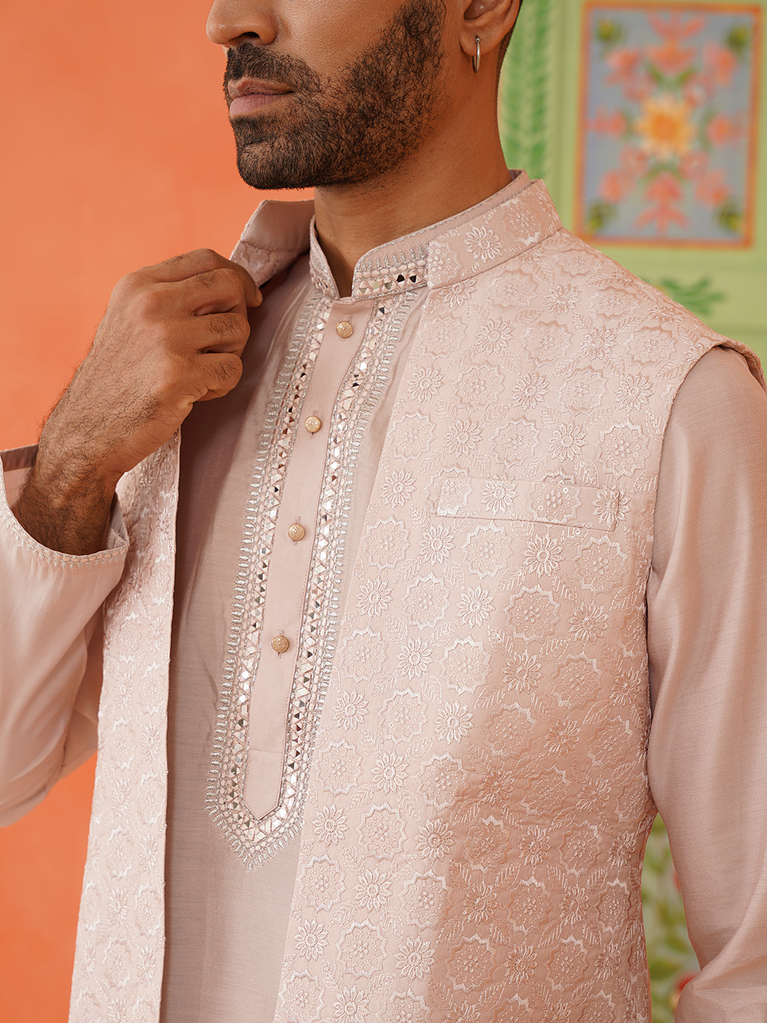 Peach Kurta Mirror Jacket Set