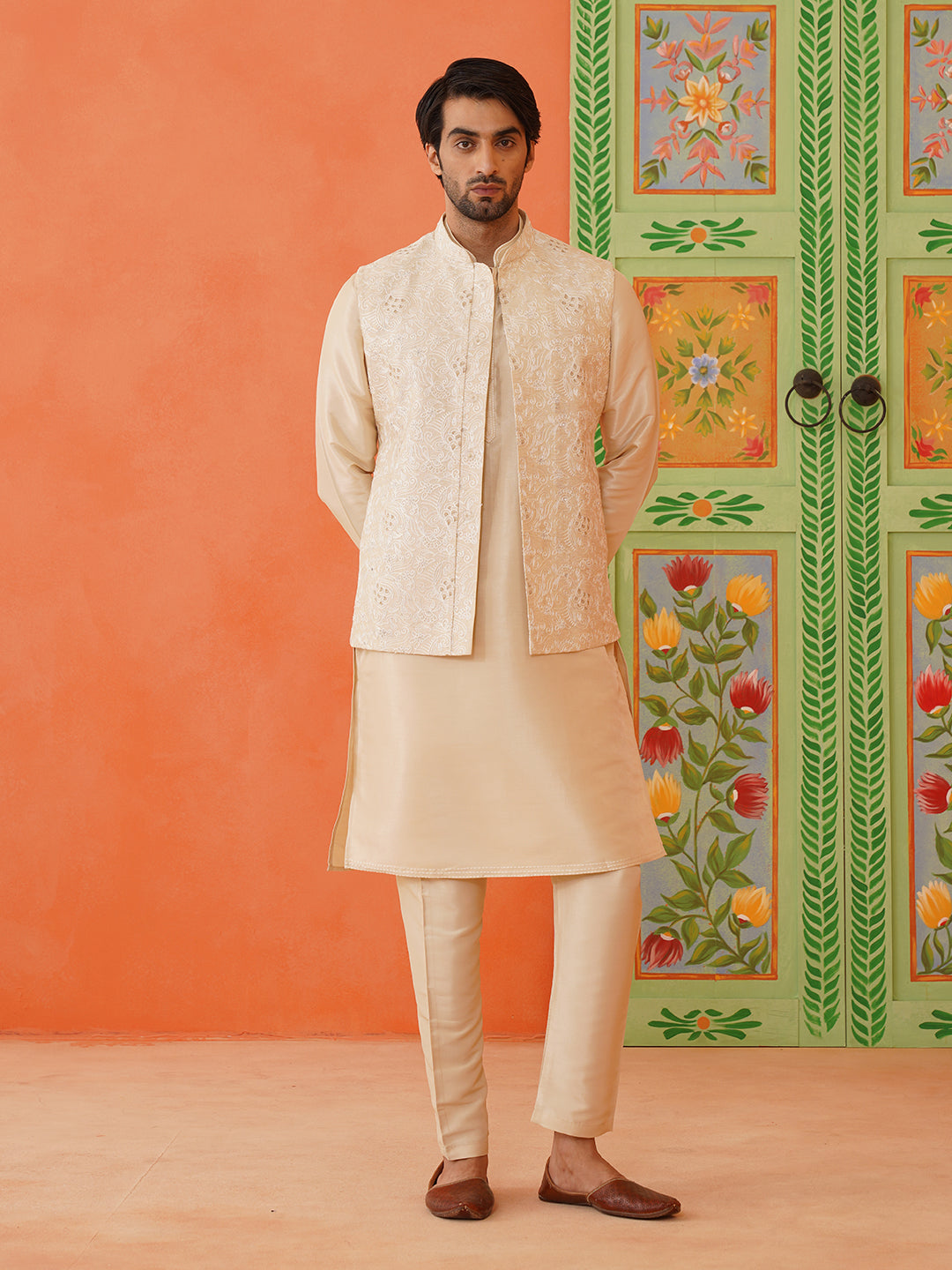 Cream Chain Stitch Embroidery Kurta Jacket Set