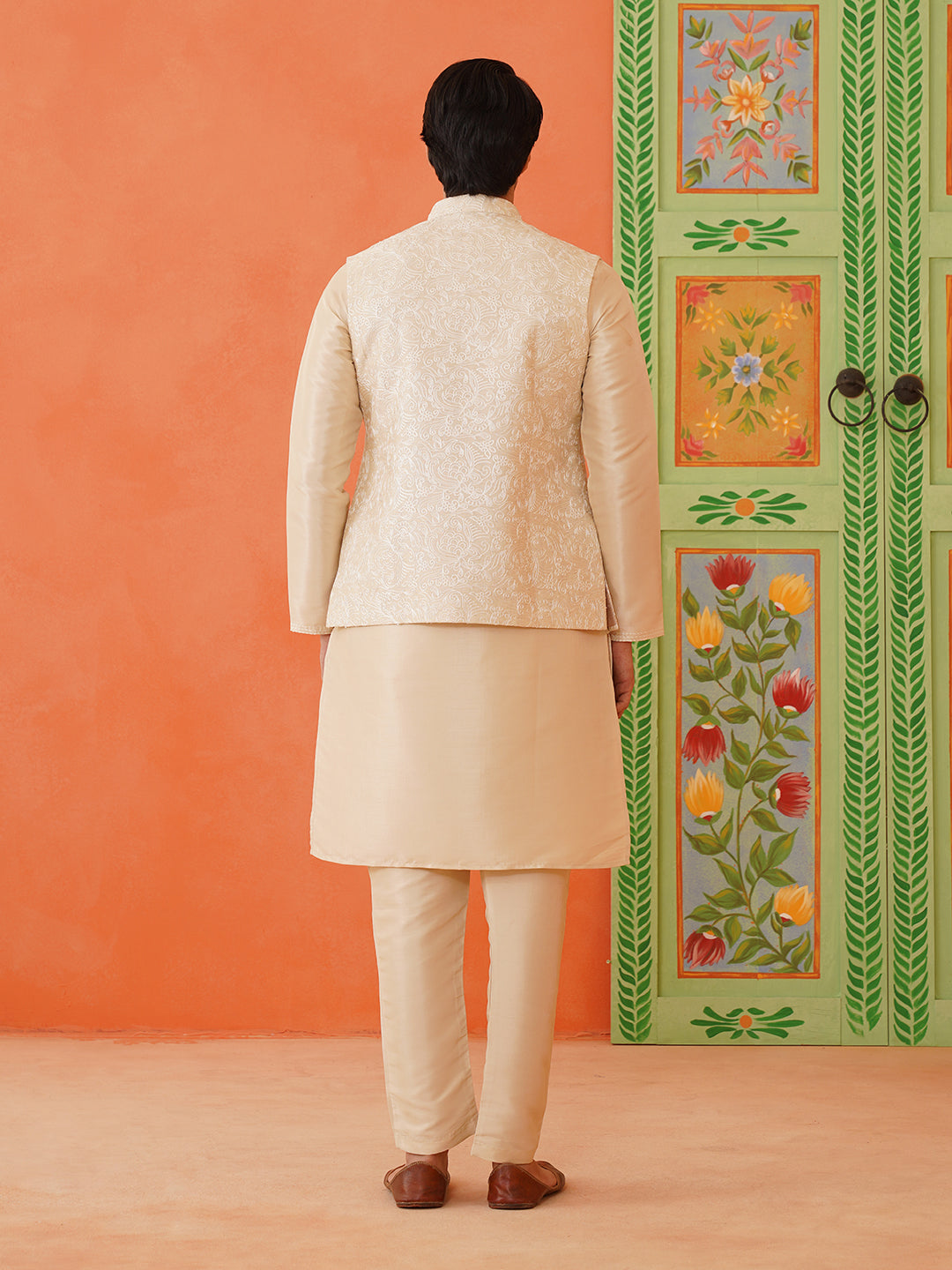 Cream Chain Stitch Embroidery Kurta Jacket Set