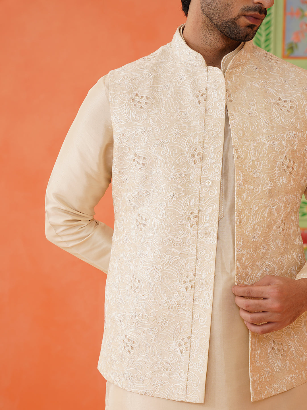 Cream Chain Stitch Embroidery Kurta Jacket Set