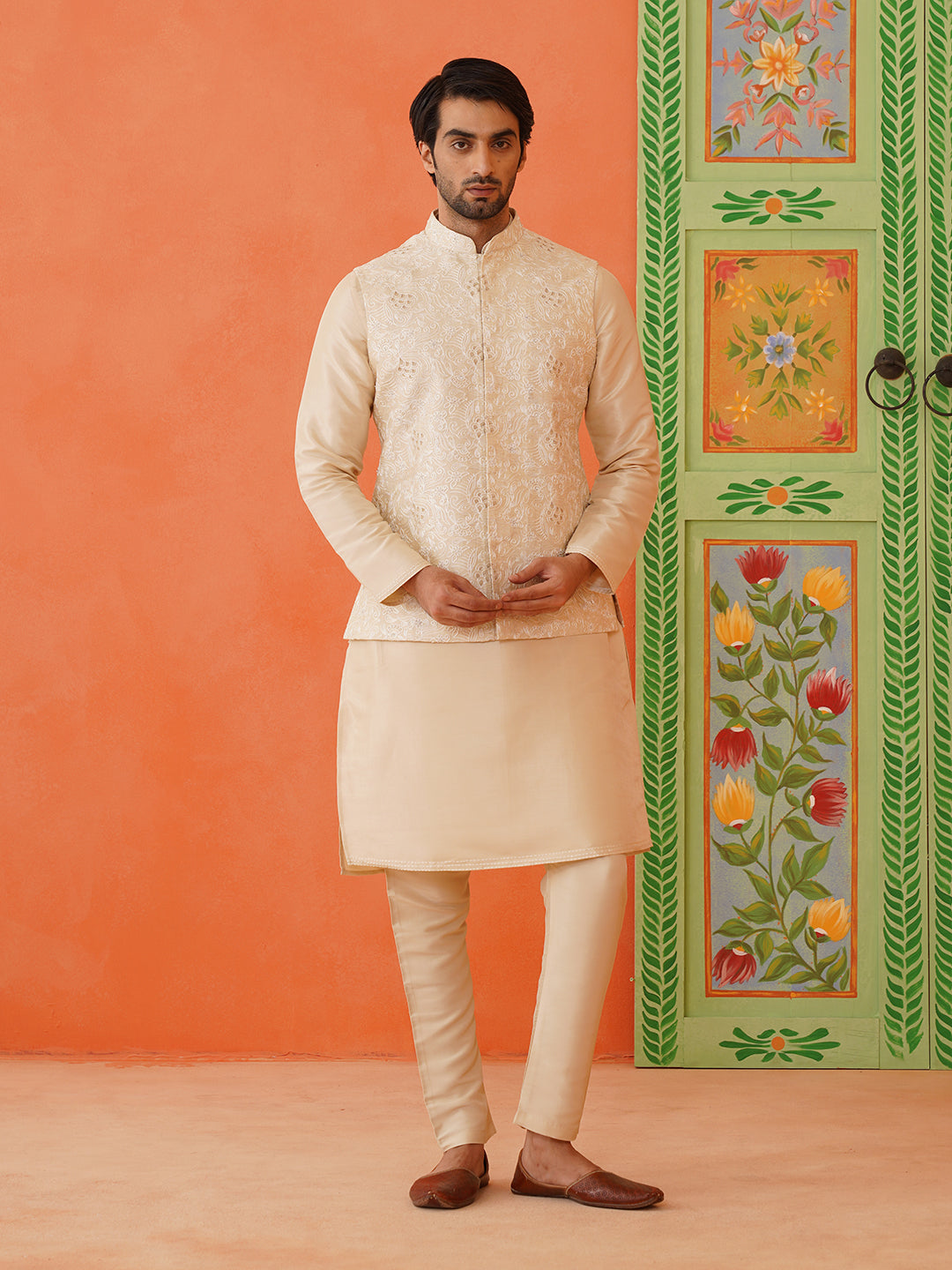 Cream Chain Stitch Embroidery Kurta Jacket Set