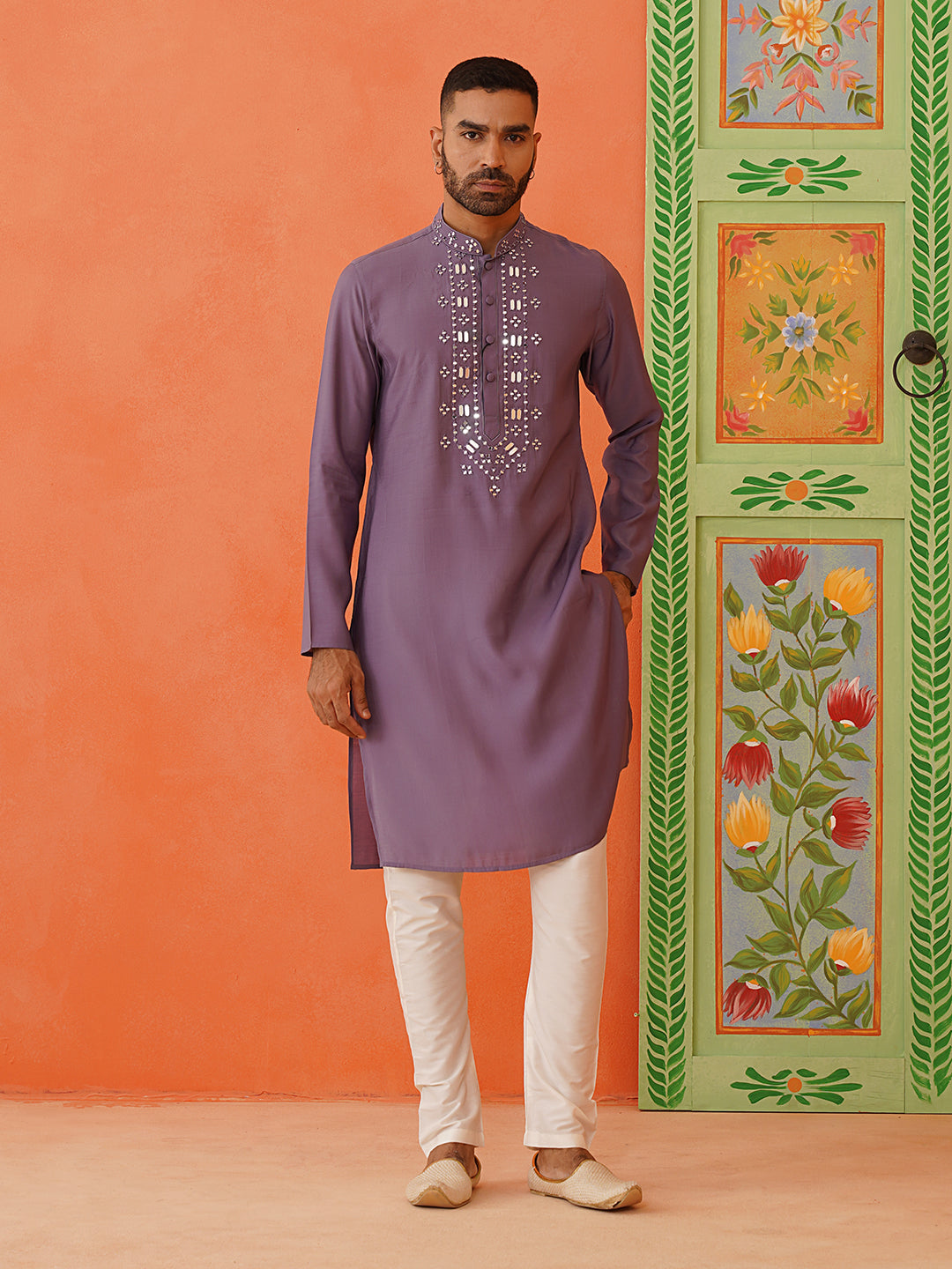 Lavender Mirror Embroidery Kurta Set