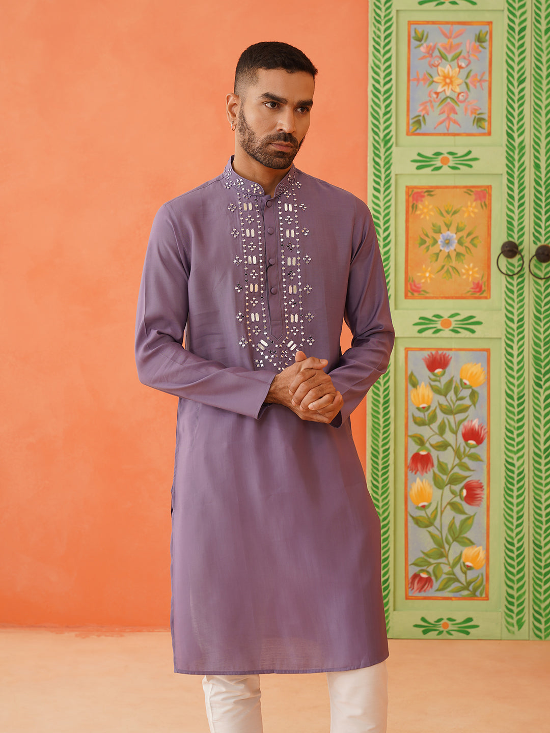 Lavender Mirror Embroidery Kurta Set