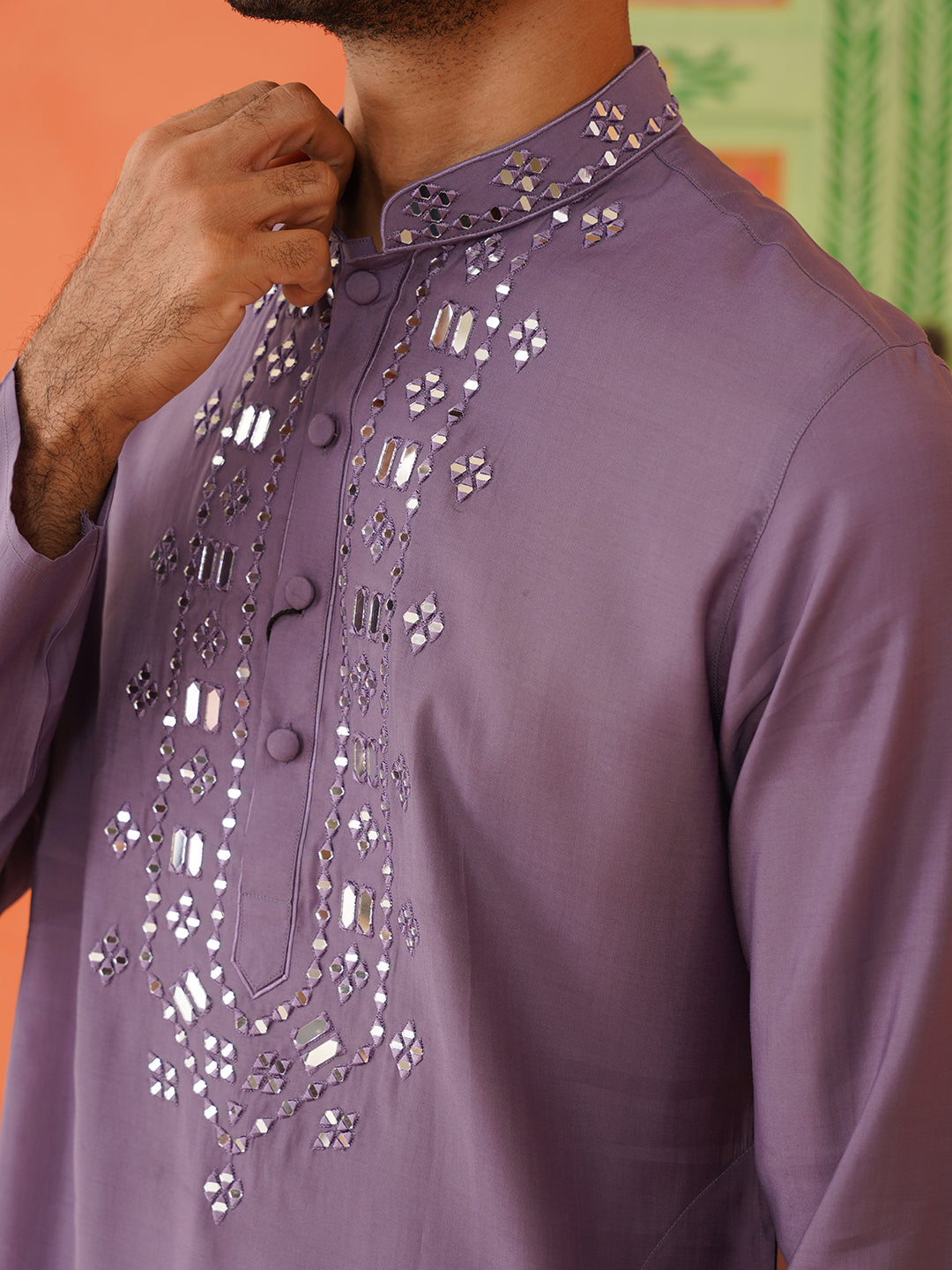 Lavender Mirror Embroidery Kurta Set