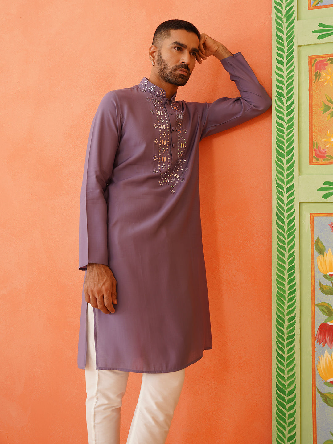 Lavender Mirror Embroidery Kurta Set