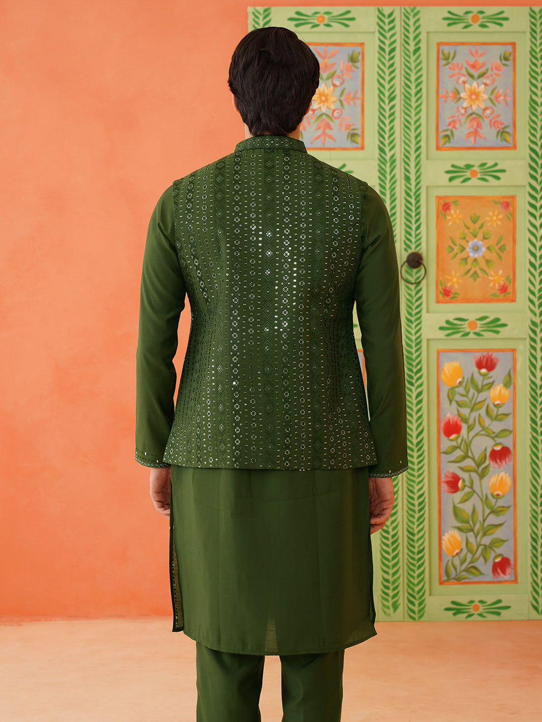 Green Embroidery Kurta Jacket Set