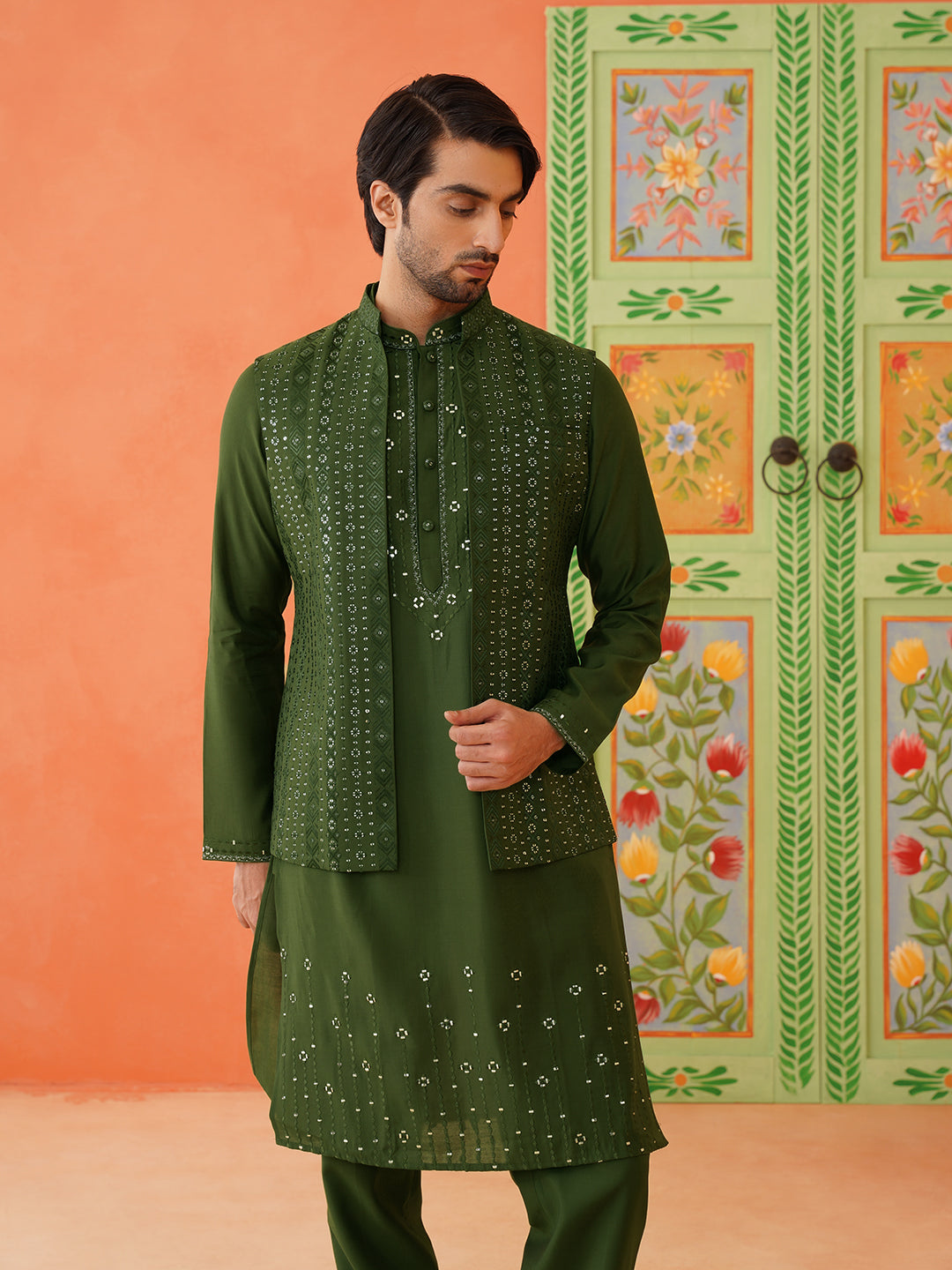 Green Embroidery Kurta Jacket Set