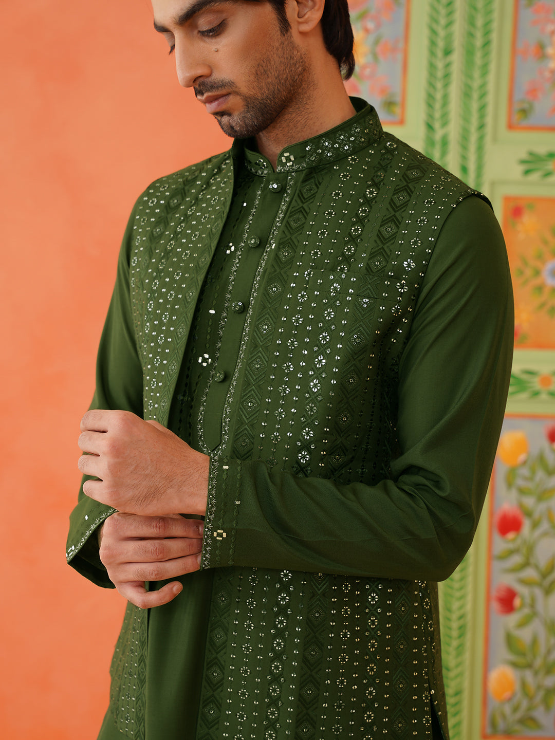 Green Embroidery Kurta Jacket Set