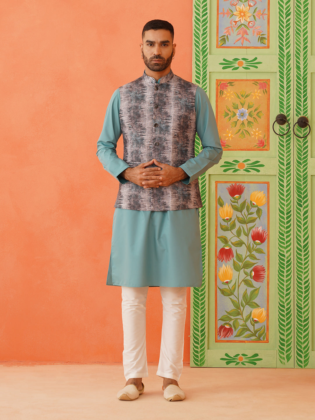 Grey Printed Jacket Kurta Set