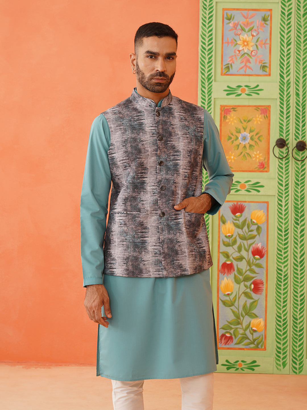 Grey Printed Jacket Kurta Set