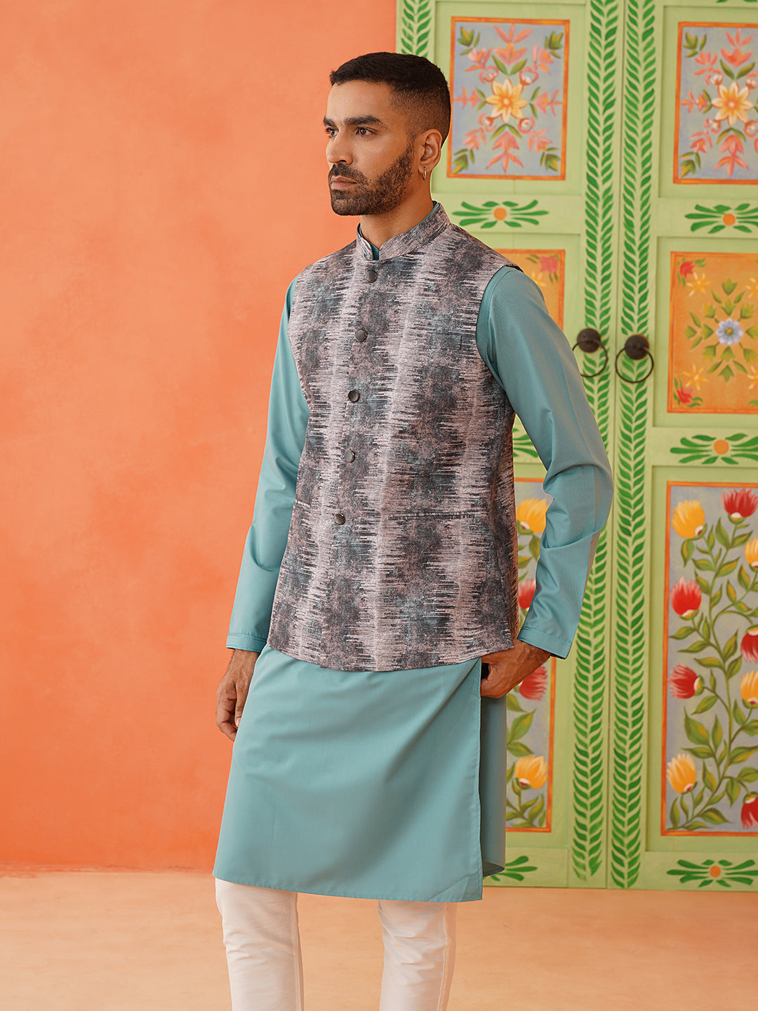 Grey Printed Jacket Kurta Set