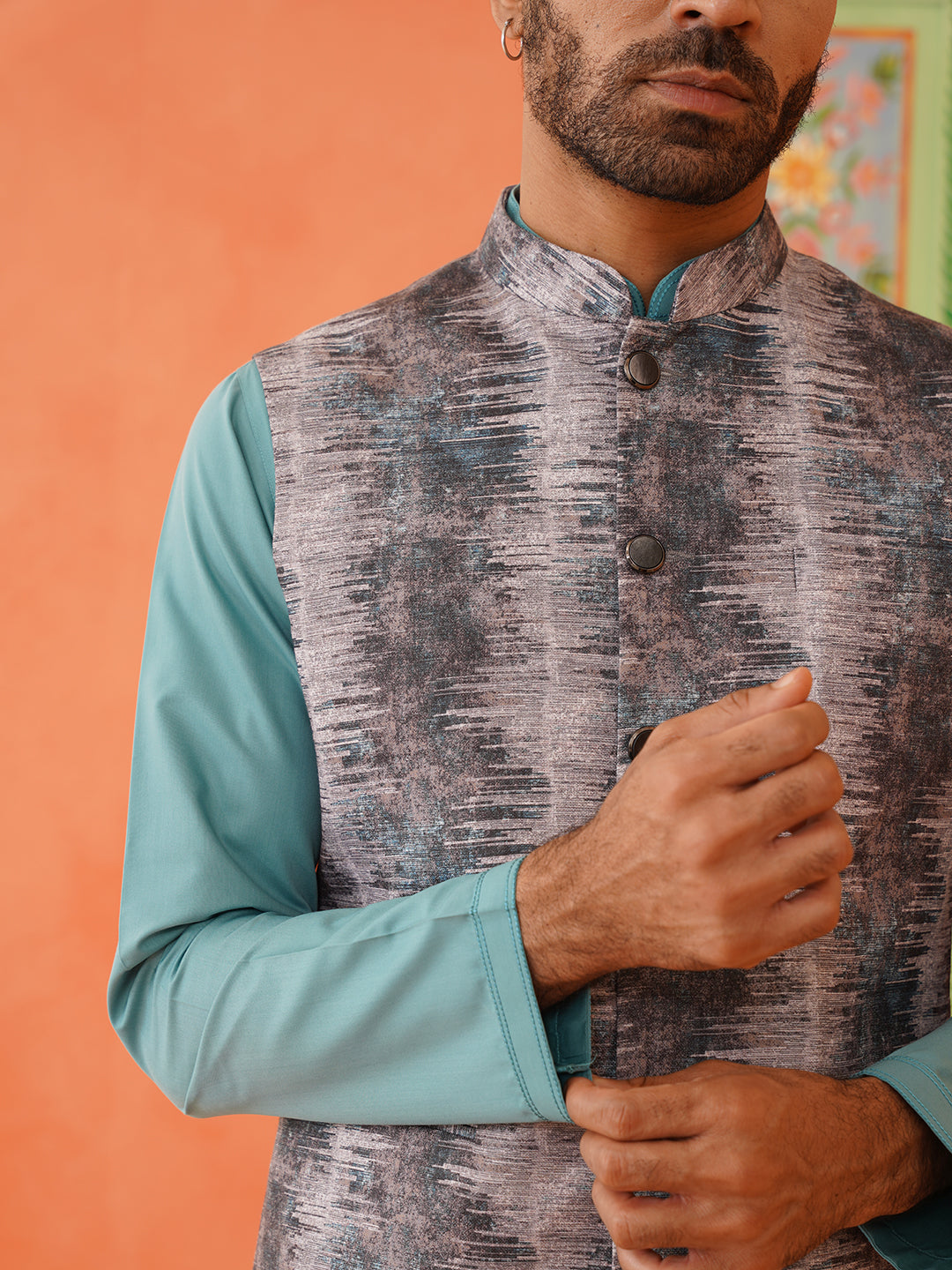 Grey Printed Jacket Kurta Set