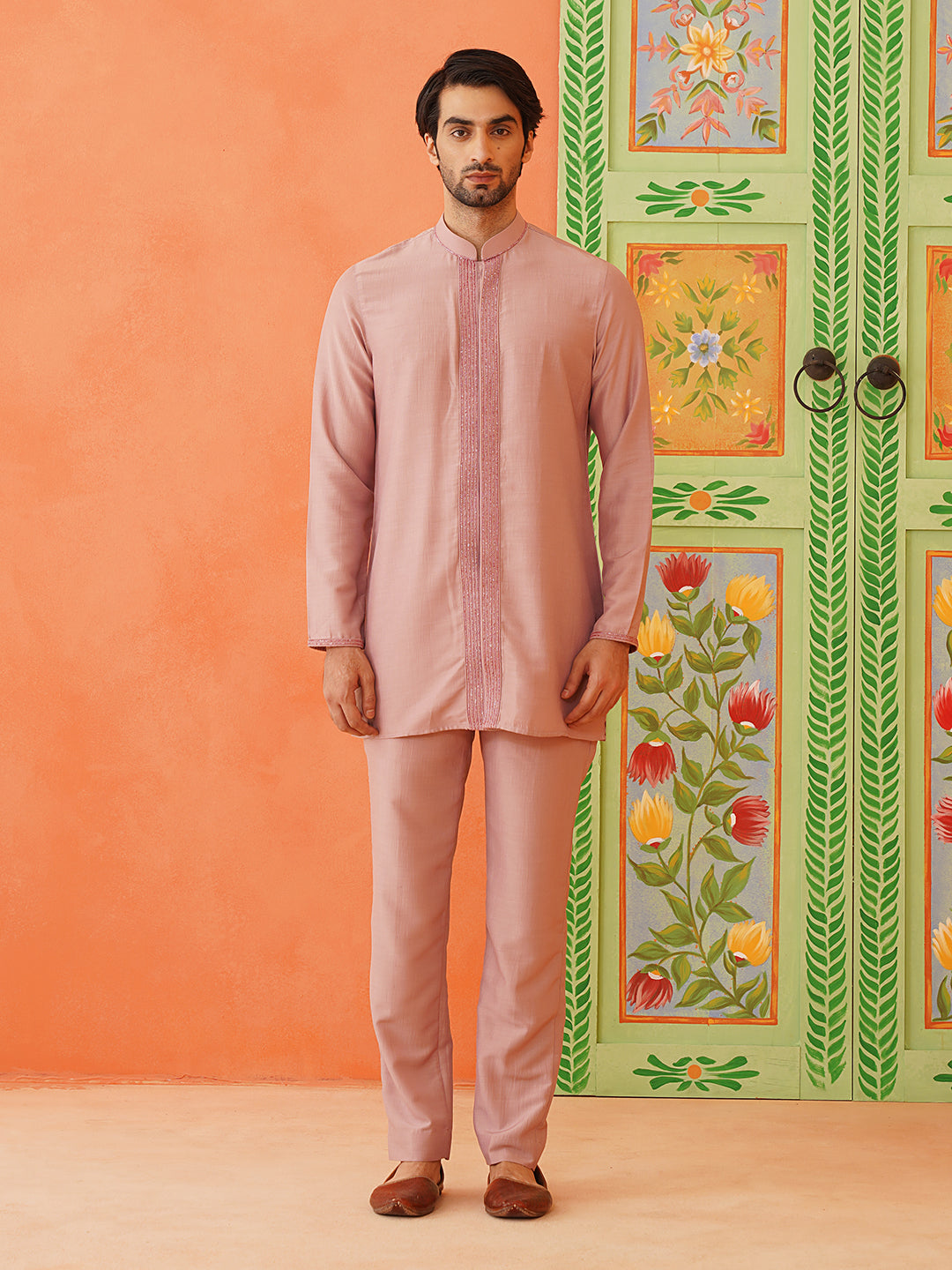 Onion pink front open jacket with short kurta set