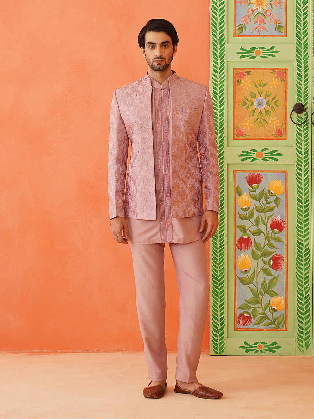 Onion pink front open jacket with short kurta set