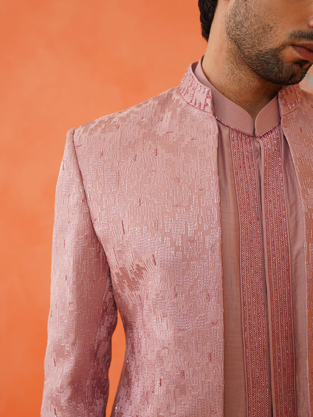 Onion pink front open jacket with short kurta set