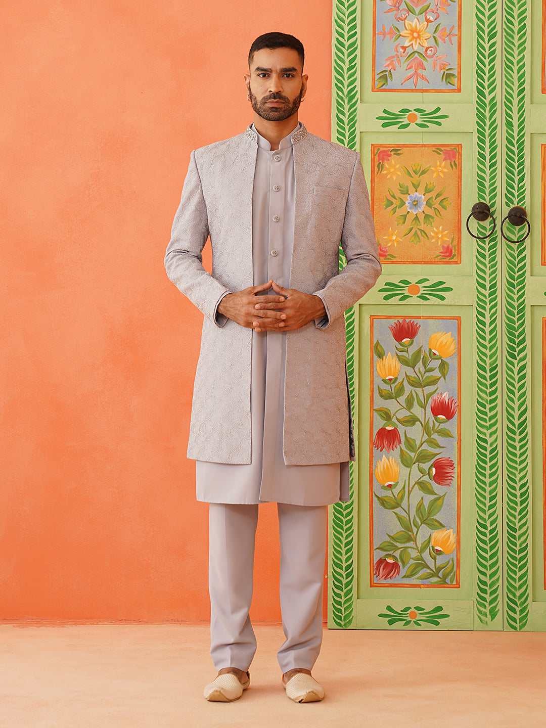 Grey Dori Embroidered Achkan