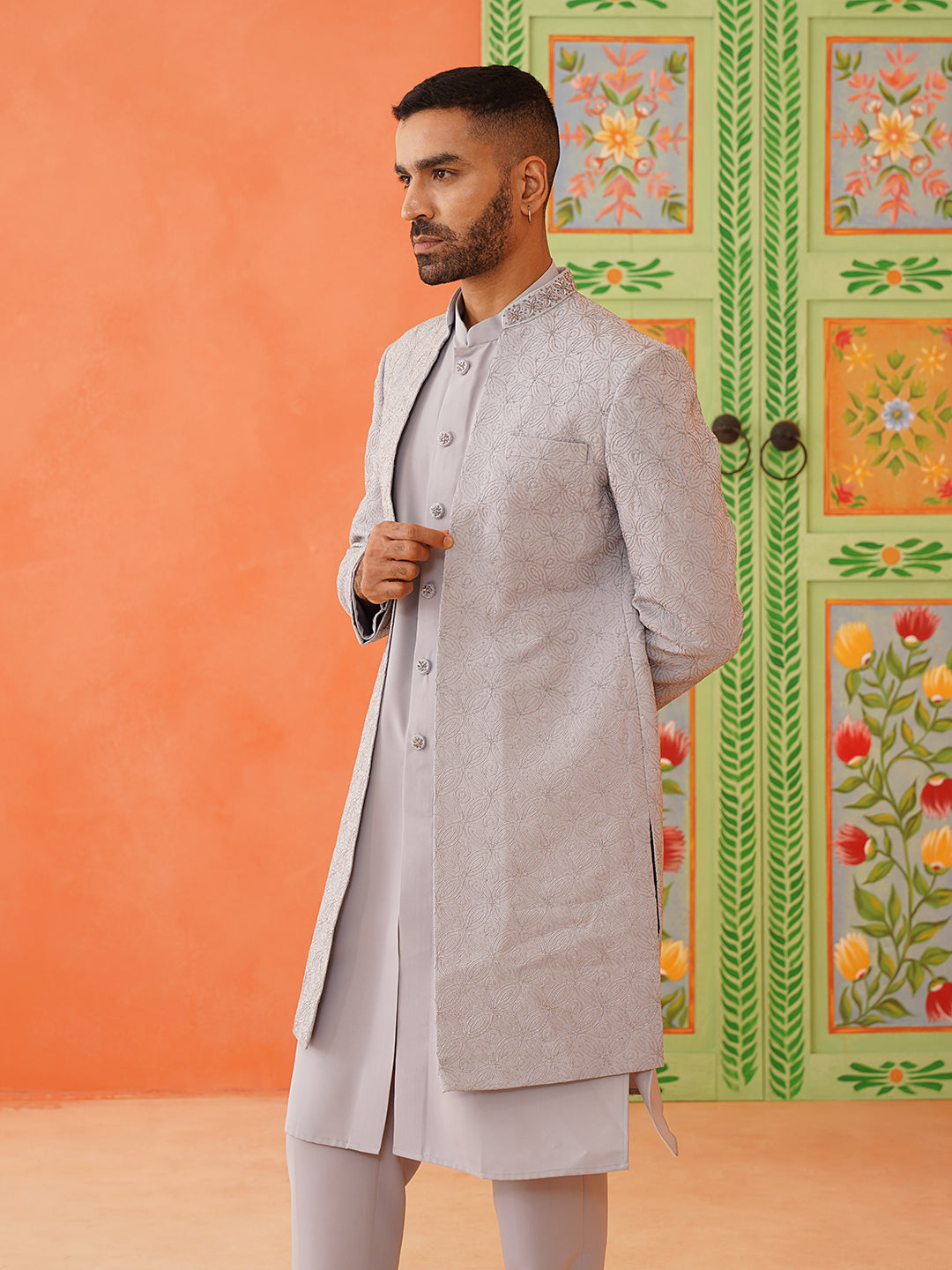 Grey Dori Embroidered Achkan