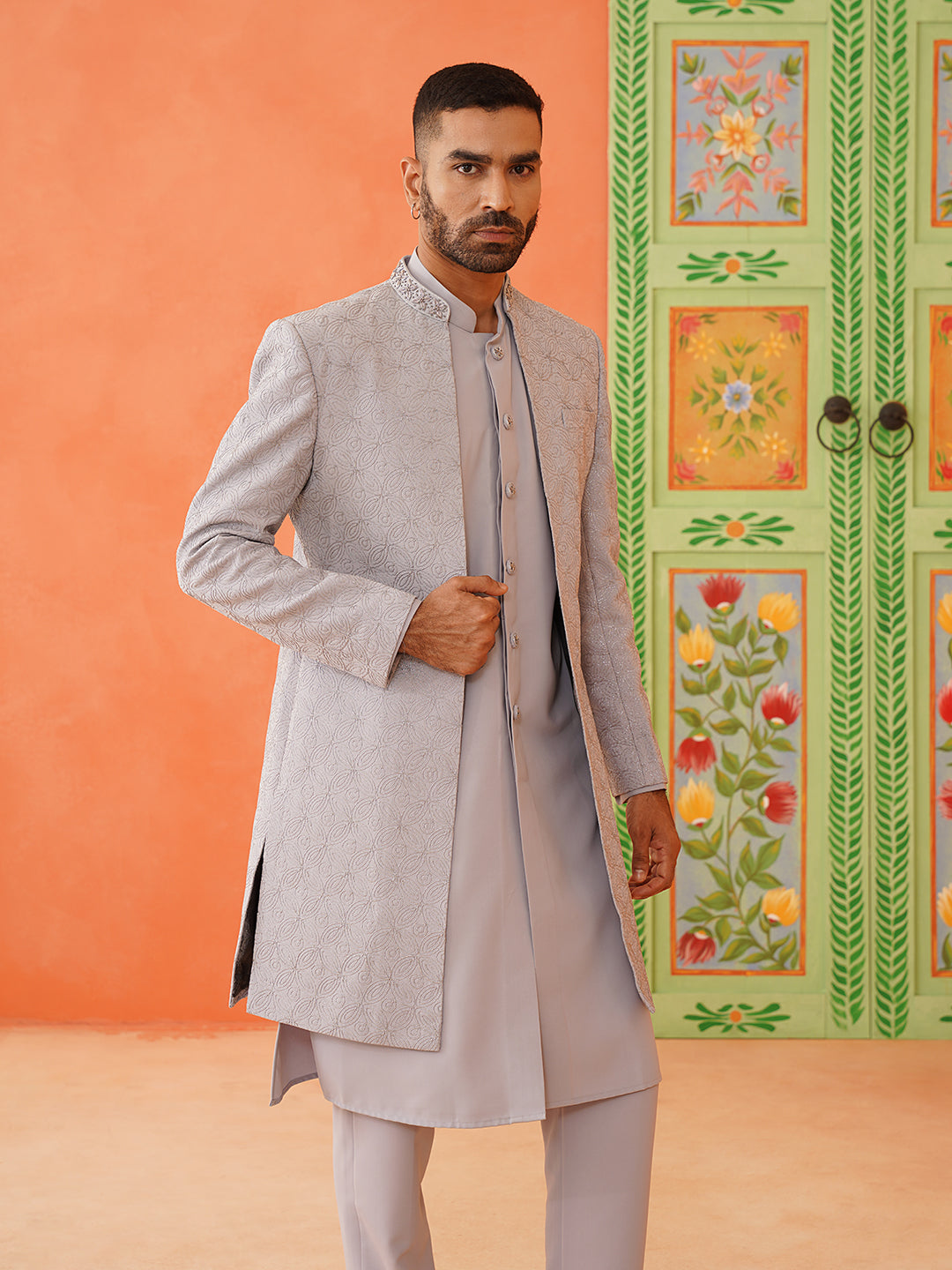 Grey Dori Embroidered Achkan