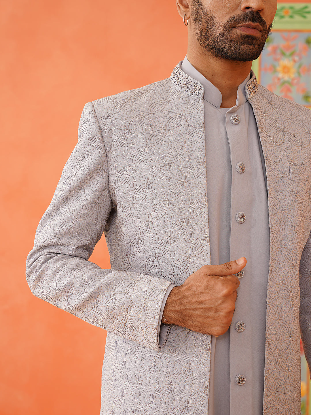 Grey Dori Embroidered Achkan