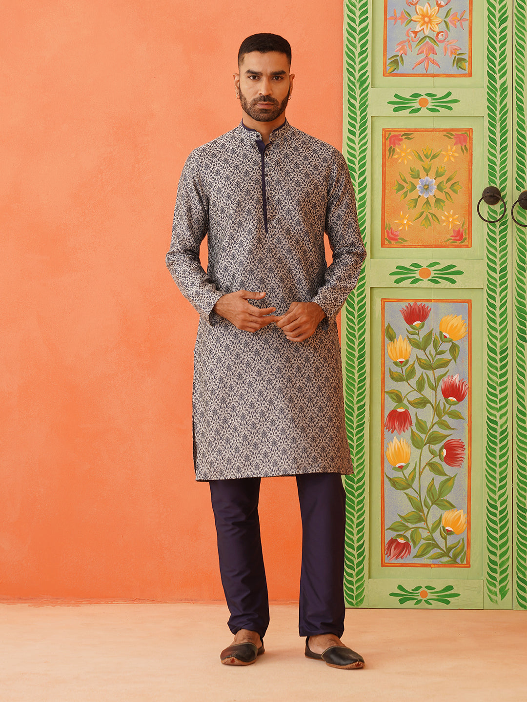 Grey Navy Jacquard Kurta Set