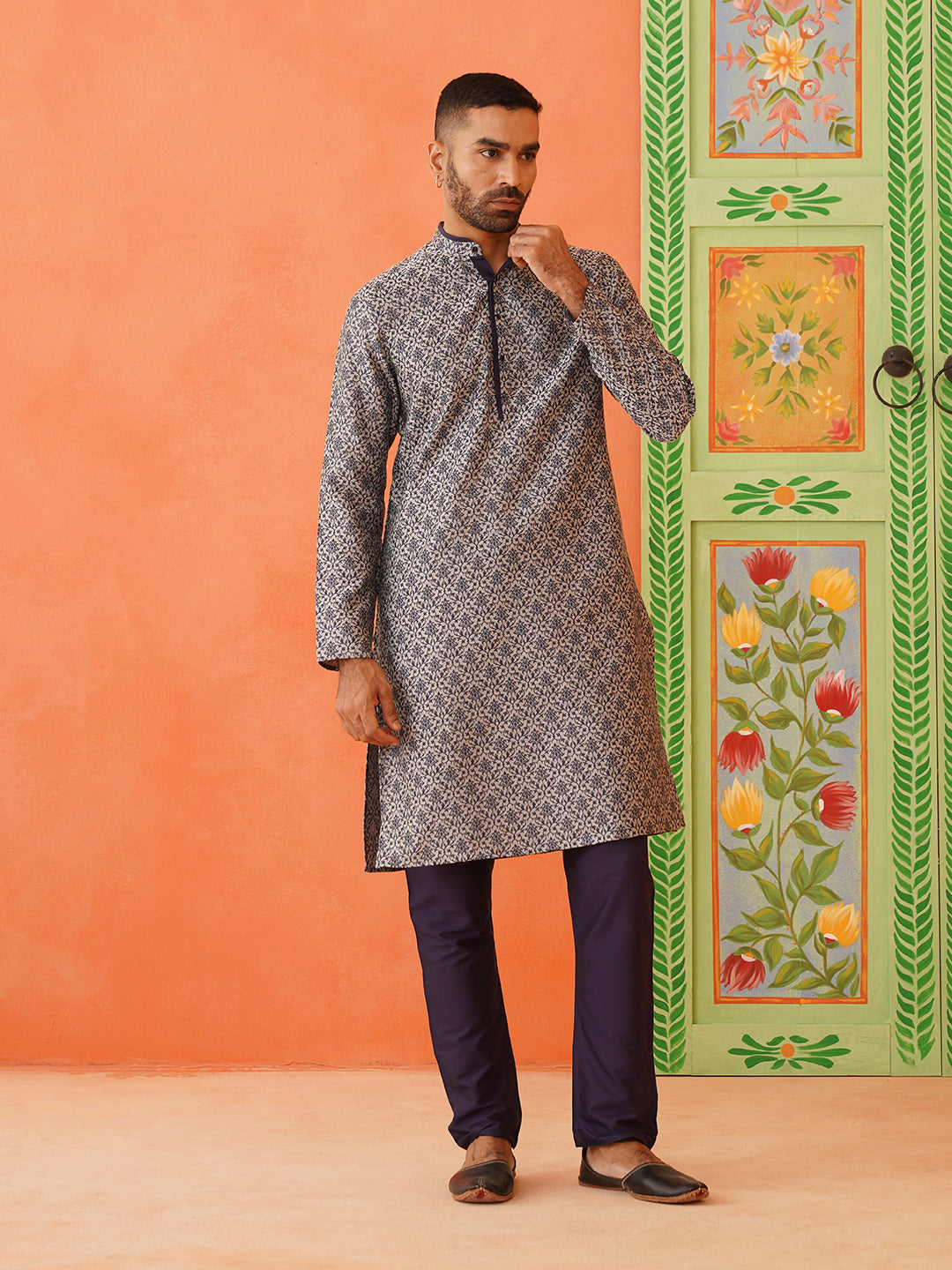 Grey Navy Jacquard Kurta Set