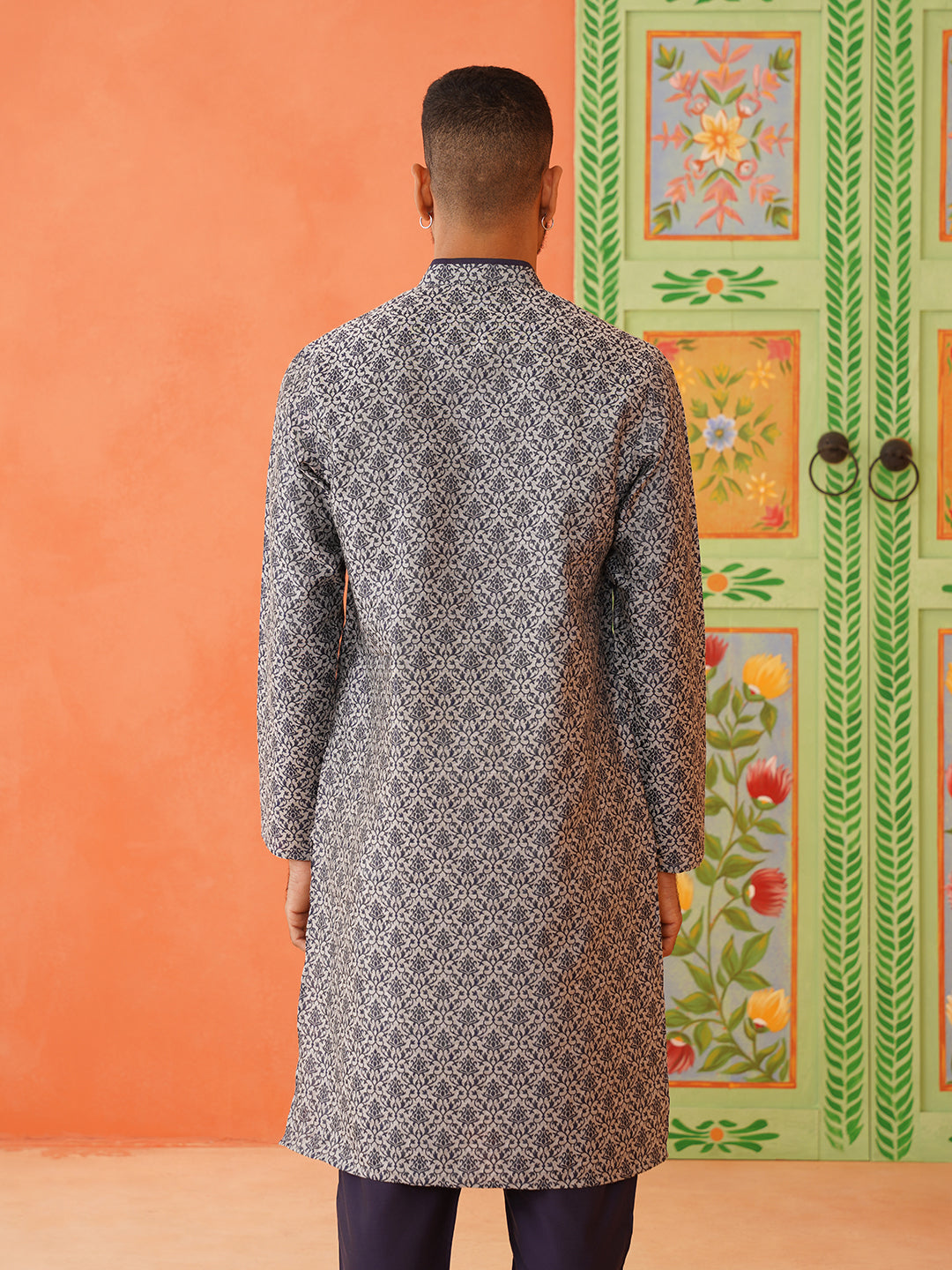 Grey Navy Jacquard Kurta Set