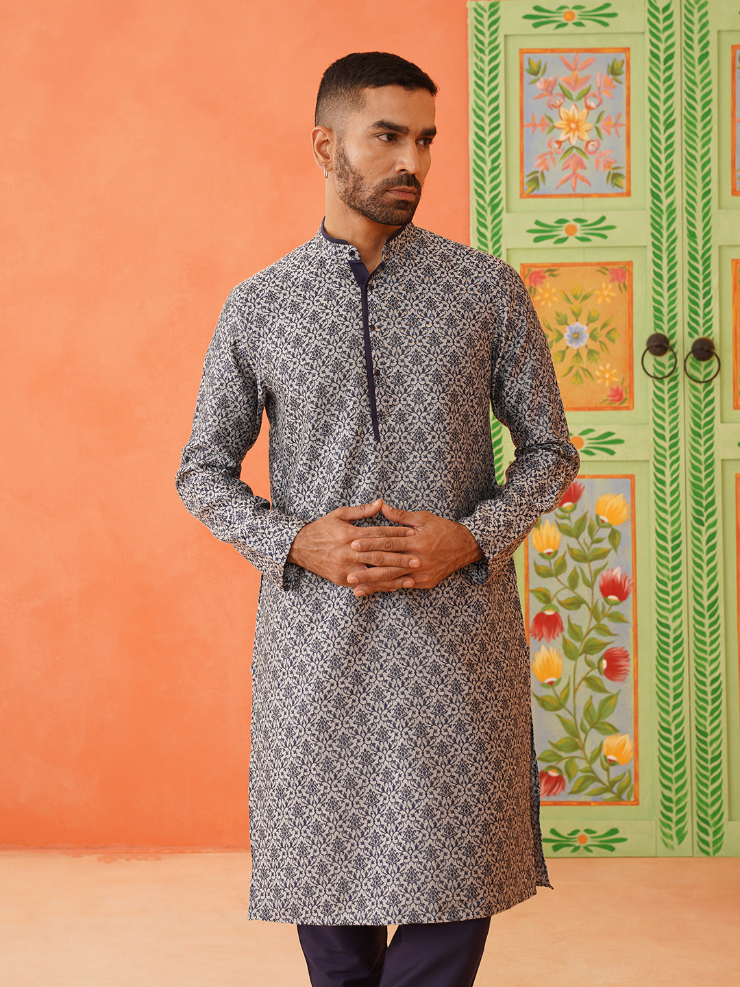 Grey Navy Jacquard Kurta Set