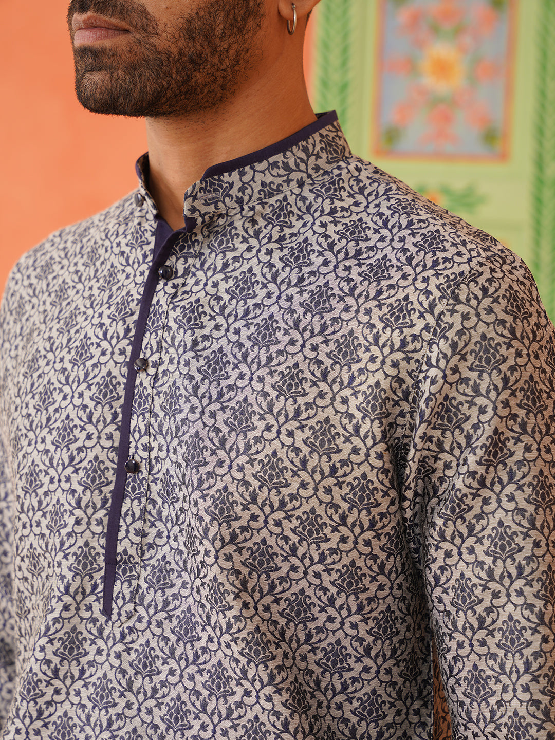 Grey Navy Jacquard Kurta Set