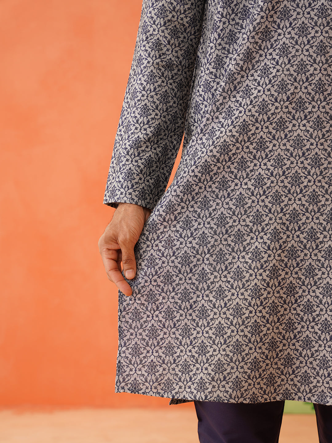 Grey Navy Jacquard Kurta Set