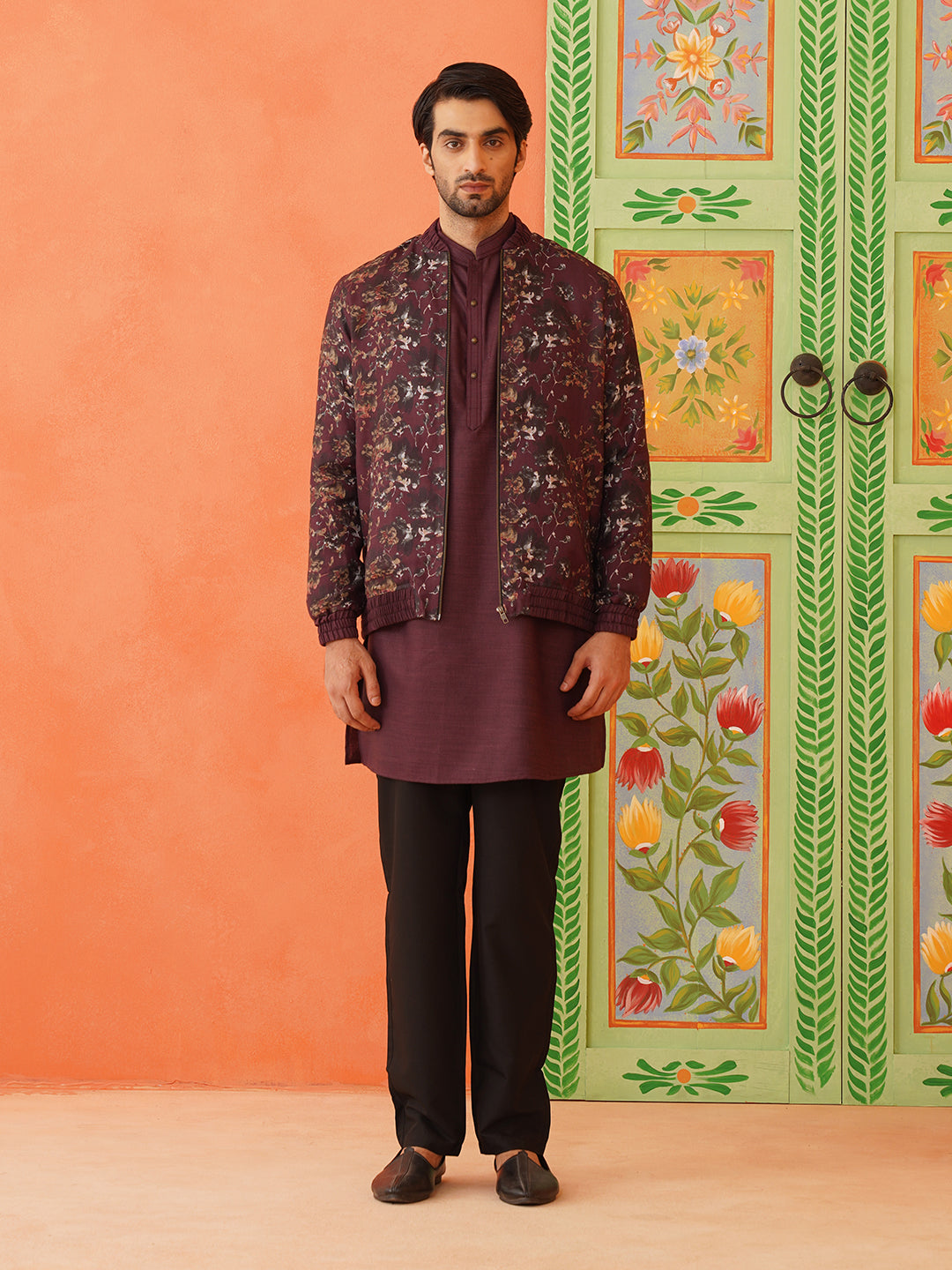 Wine Cotton Printed Jacket Kurta Set