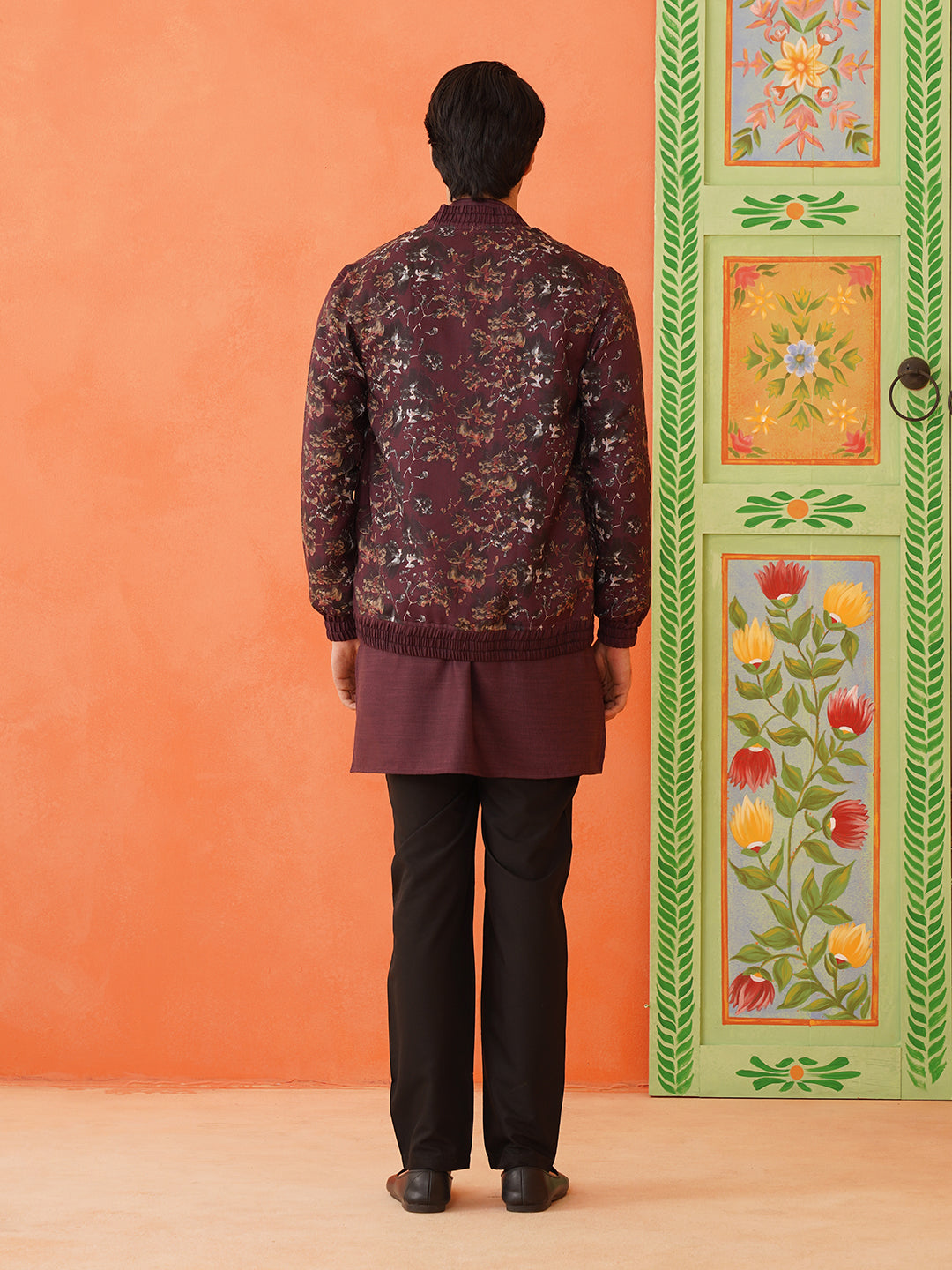 Wine Cotton Printed Jacket Kurta Set