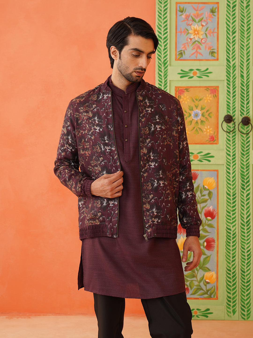 Wine Cotton Printed Jacket Kurta Set