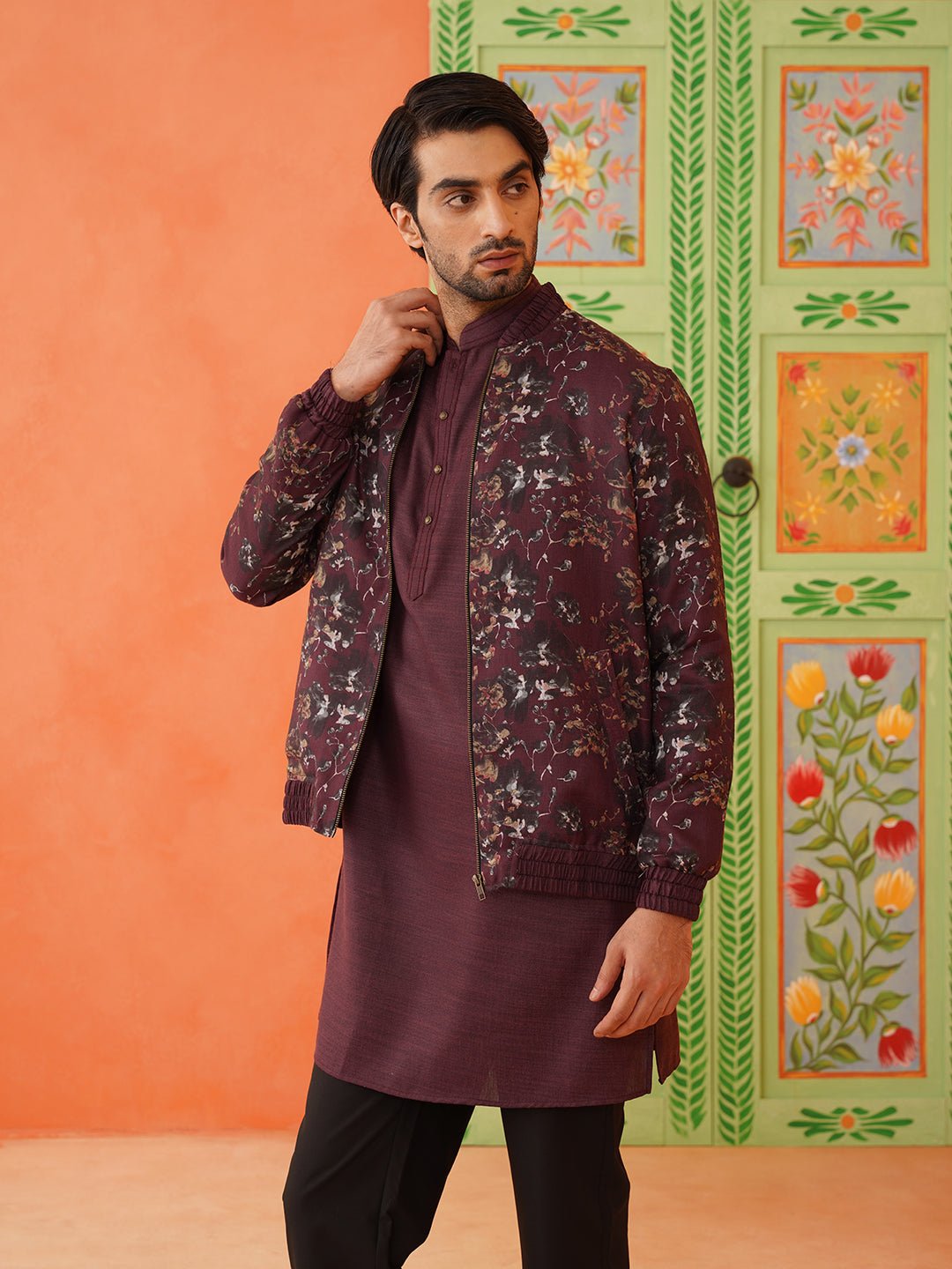 Wine Cotton Printed Jacket Kurta Set