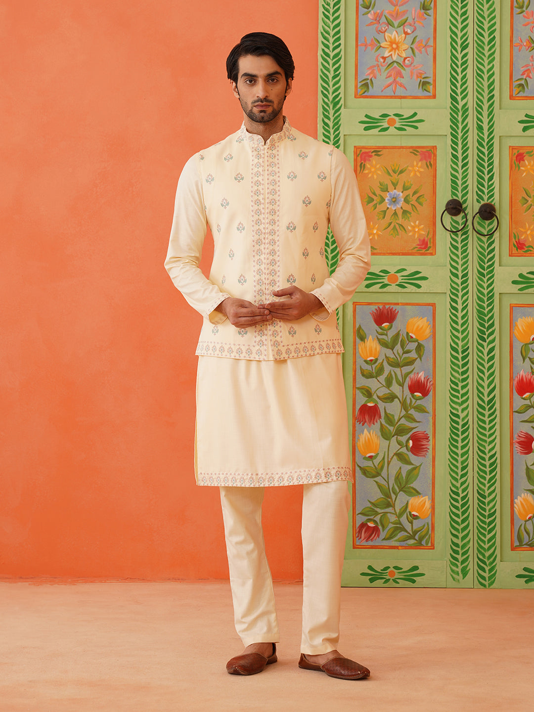 Cream Cotton Floral Embroidery Jacket Kurta Set