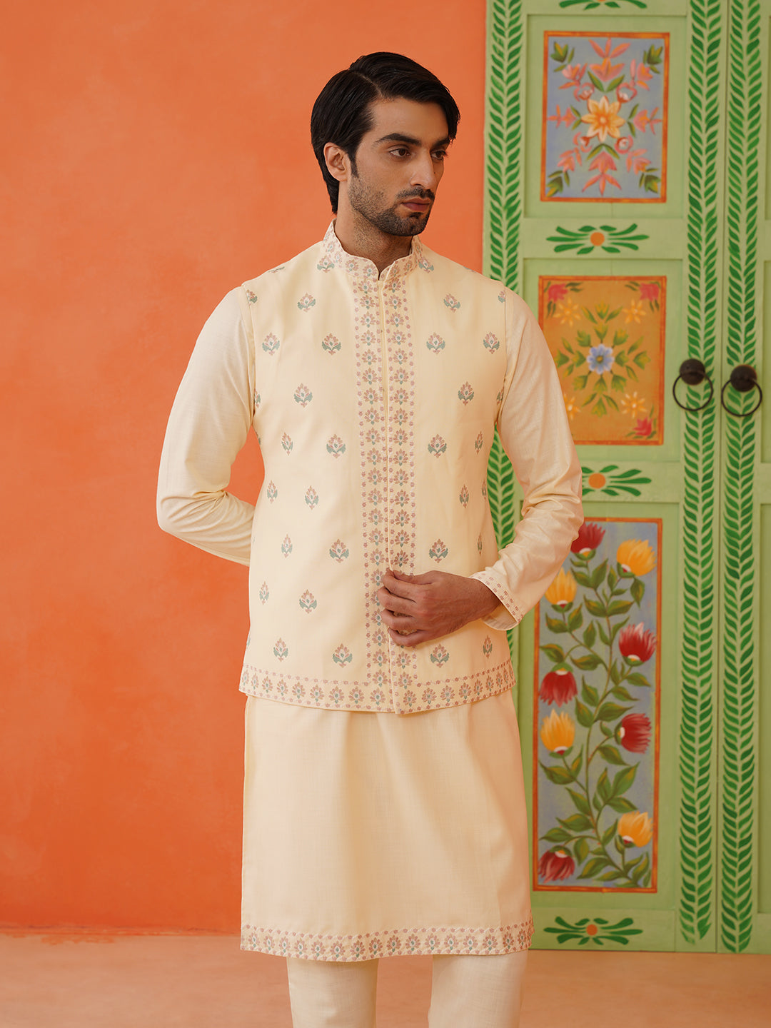 Cream Cotton Floral Embroidery Jacket Kurta Set