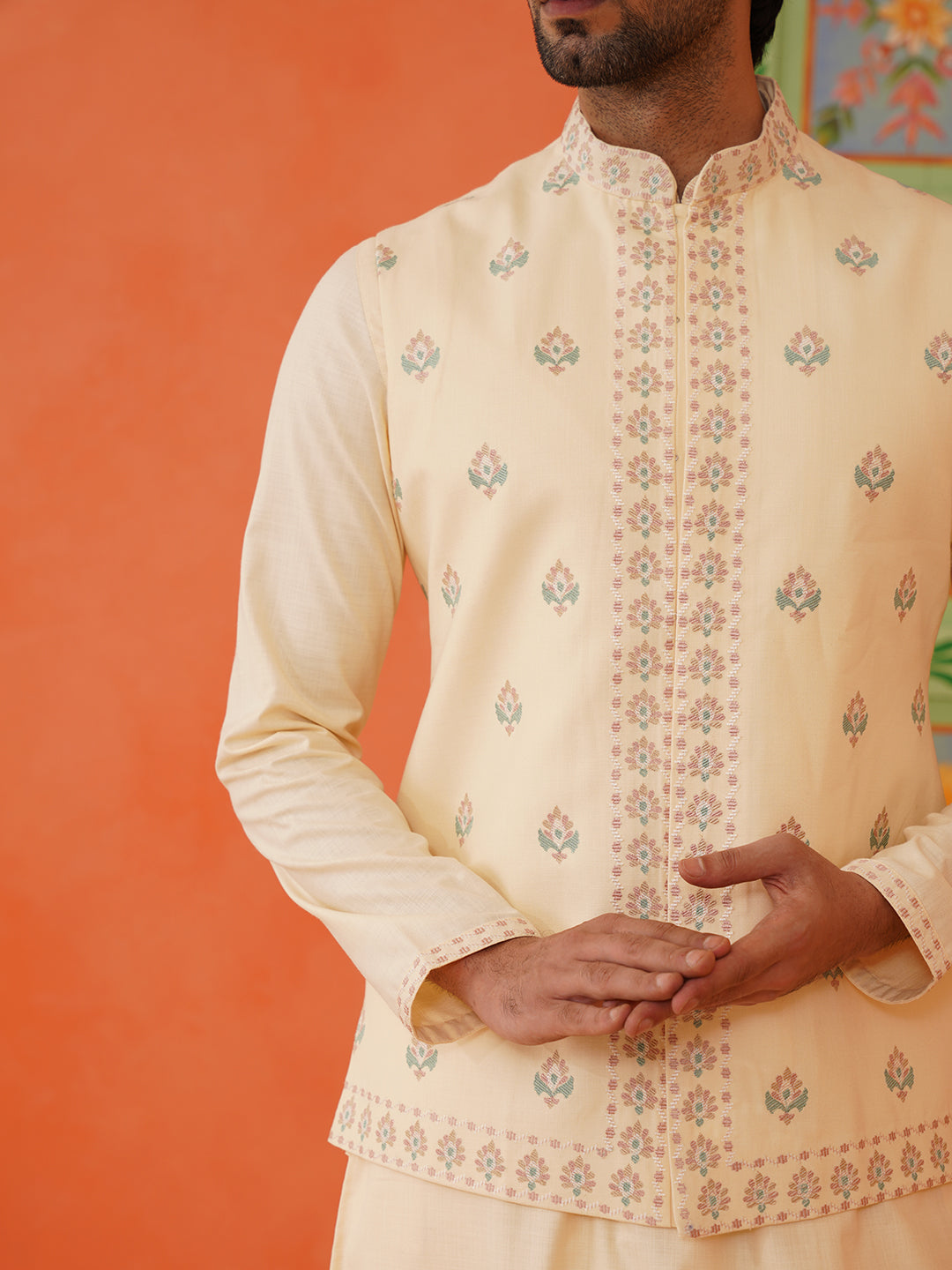 Cream Cotton Floral Embroidery Jacket Kurta Set