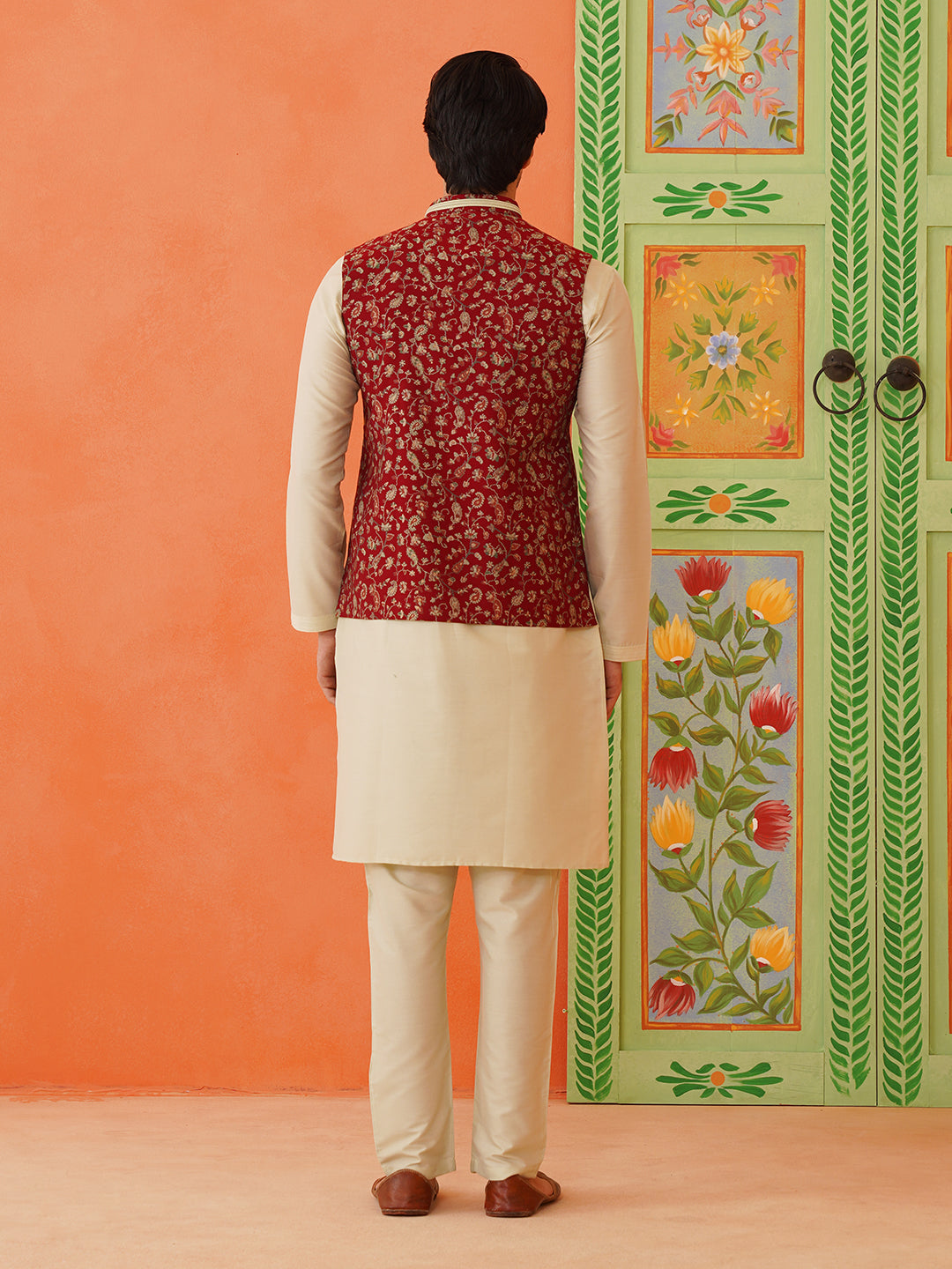 Maroon Printed Modi Jacket With Kurta Set