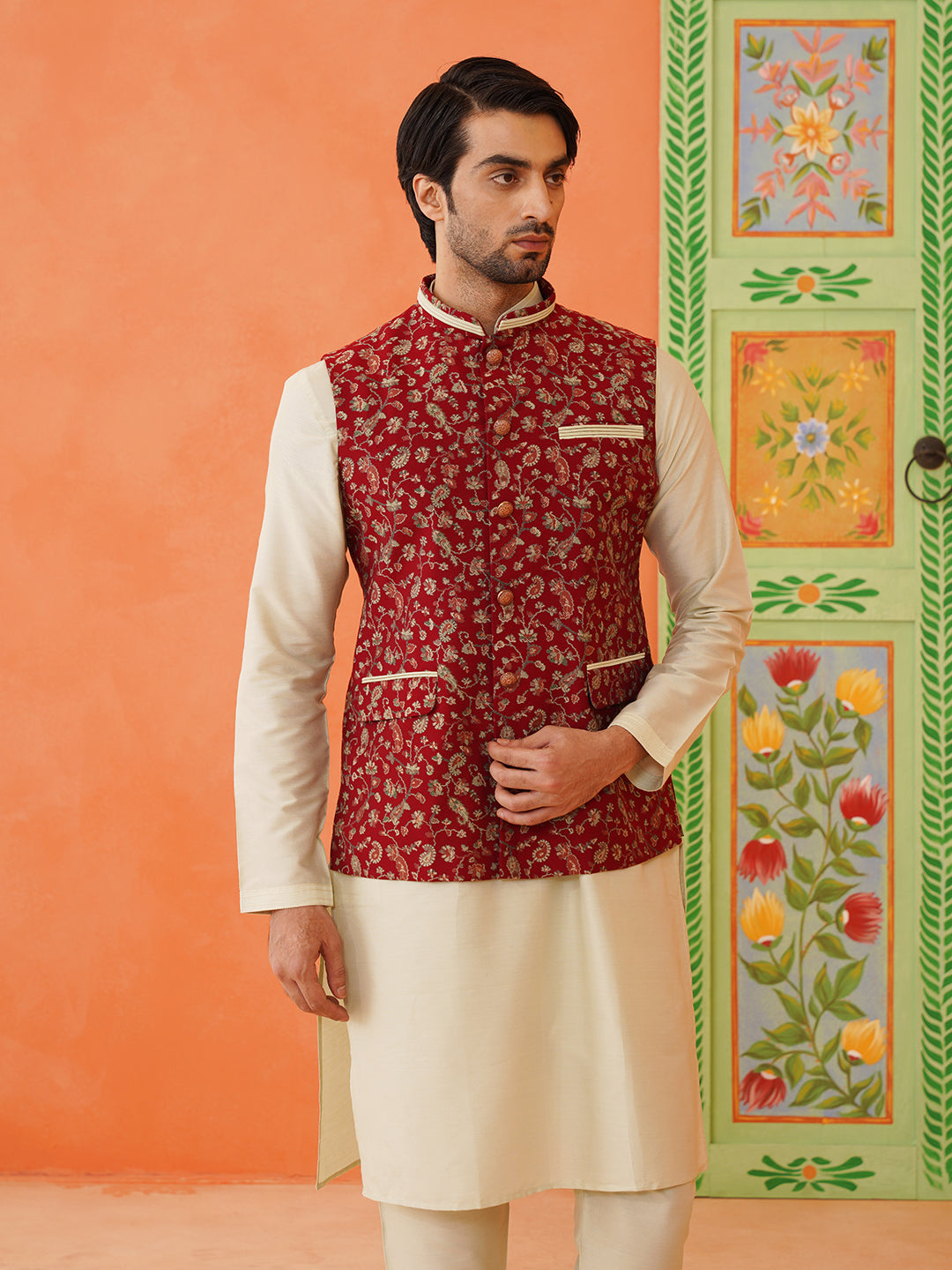 Maroon Printed Modi Jacket With Kurta Set