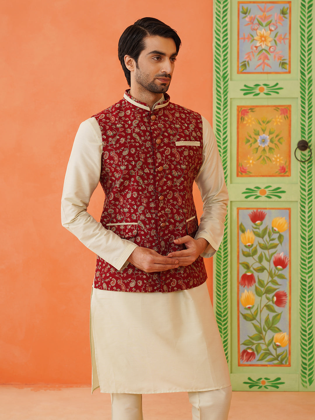 Maroon Printed Modi Jacket With Kurta Set