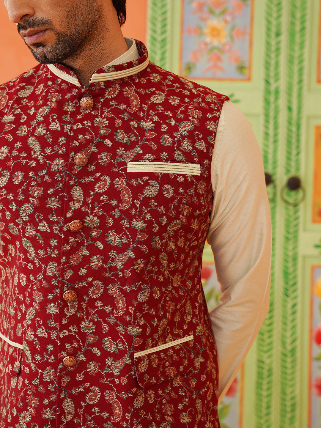 Maroon Printed Modi Jacket With Kurta Set