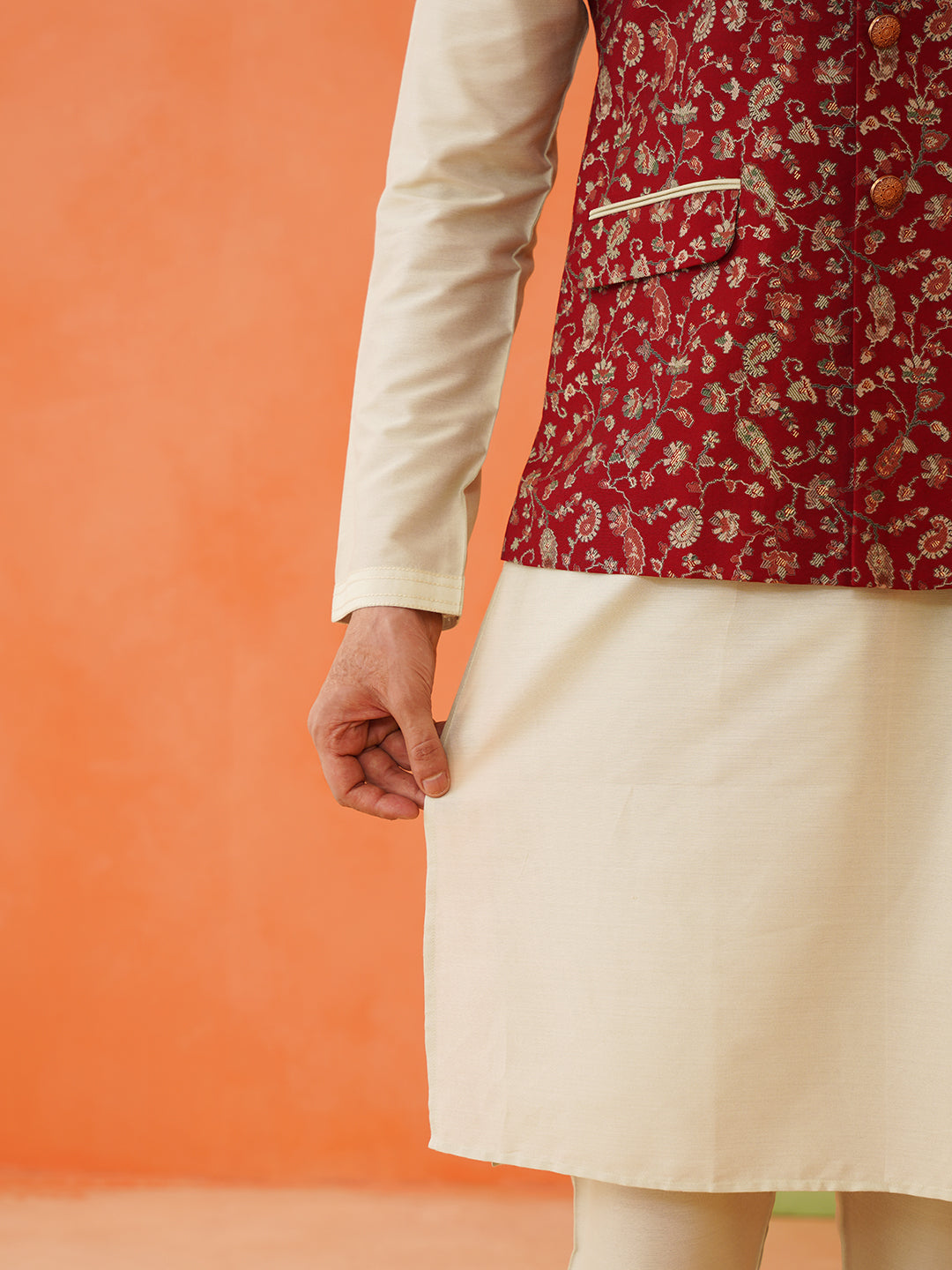 Maroon Printed Modi Jacket With Kurta Set