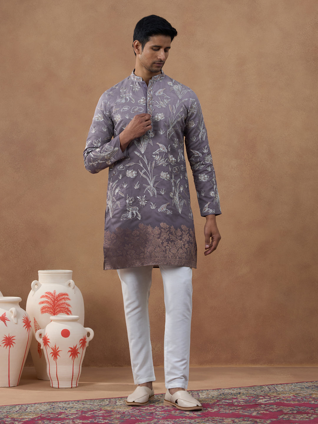 Embroidered Mauve Silk Kurta Set