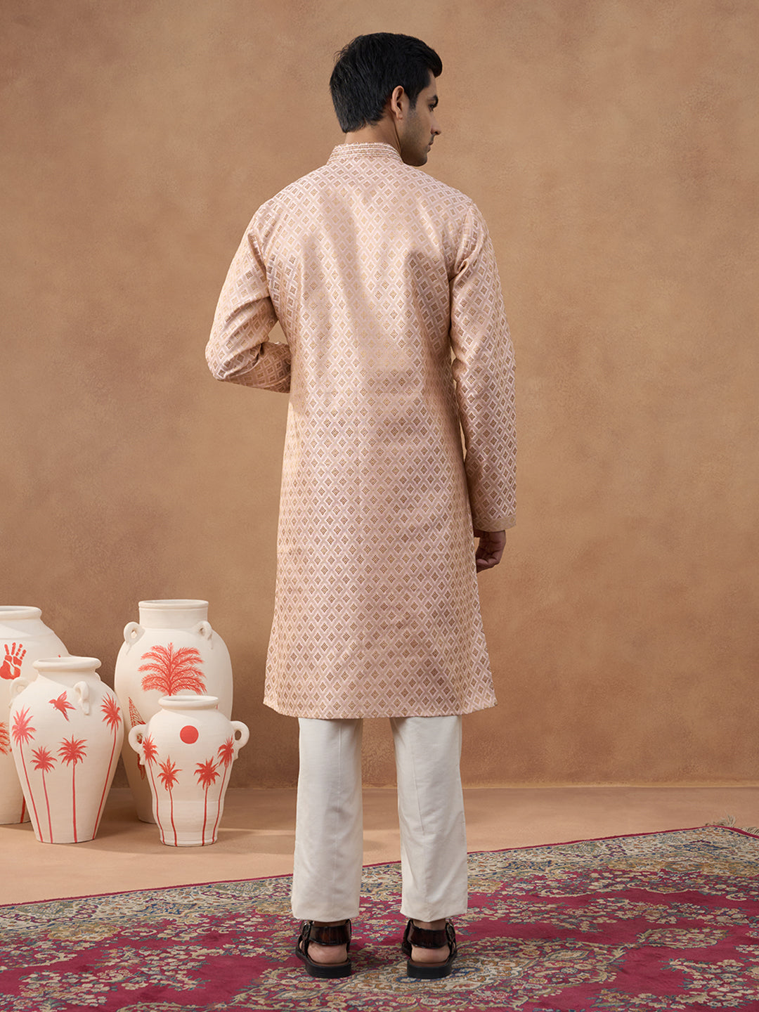 Peach Brocade Front-Open Kurta Set