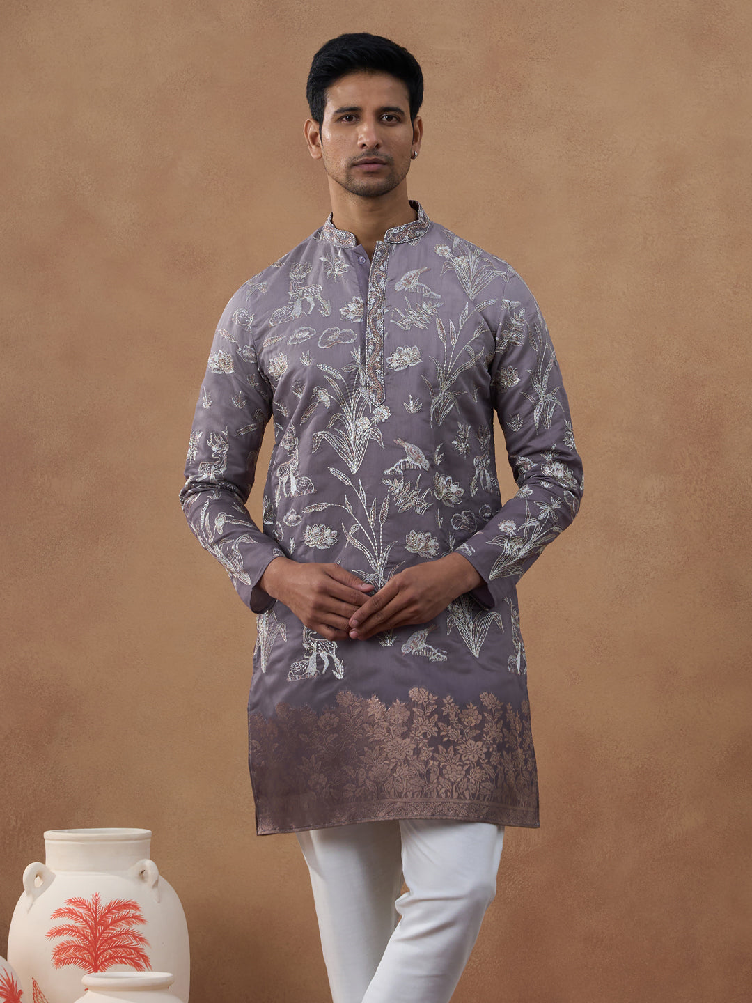 Embroidered Mauve Silk Kurta Set