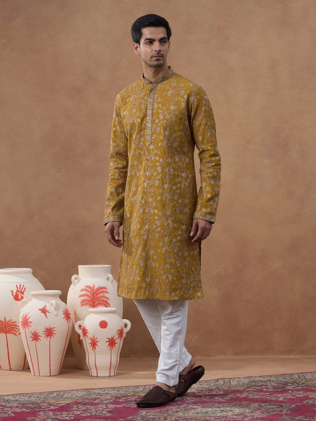 Mustard Floral Embroidery Kurta Set