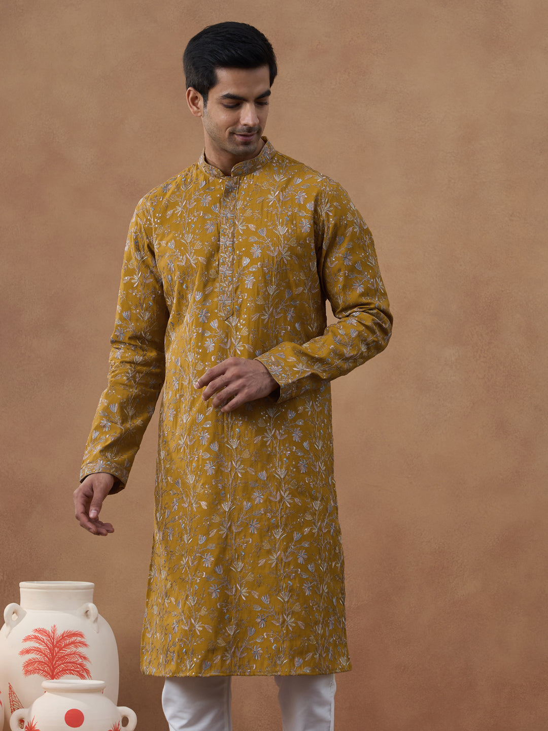 Mustard Floral Embroidery Kurta Set
