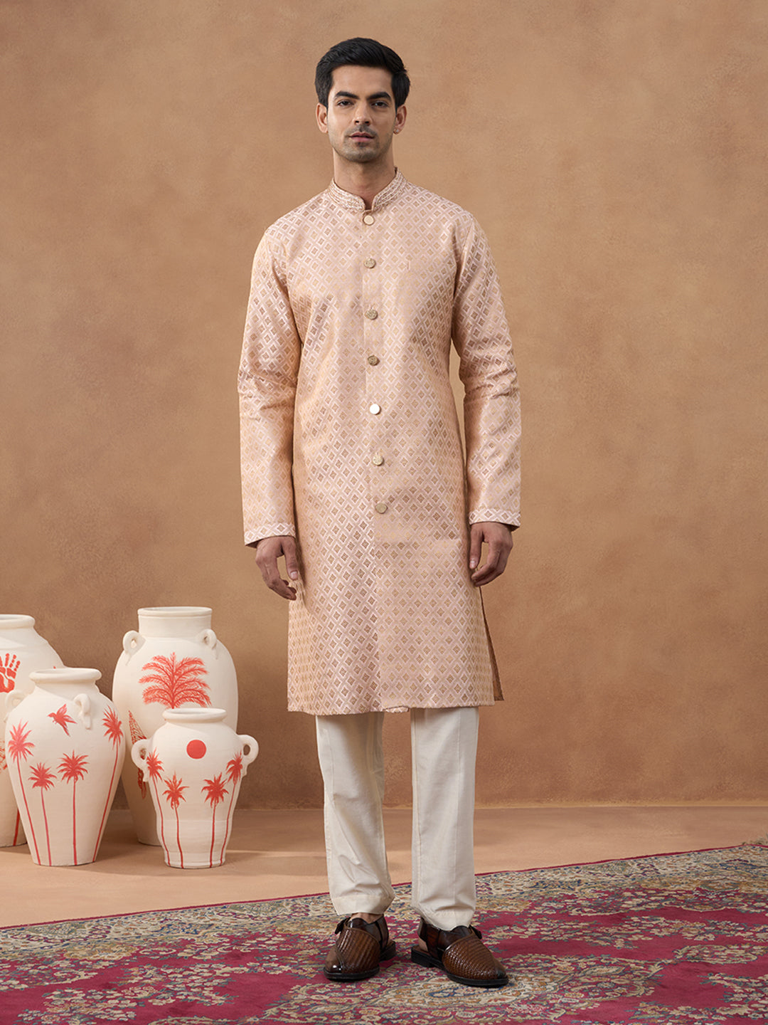 Peach Brocade Front-Open Kurta Set