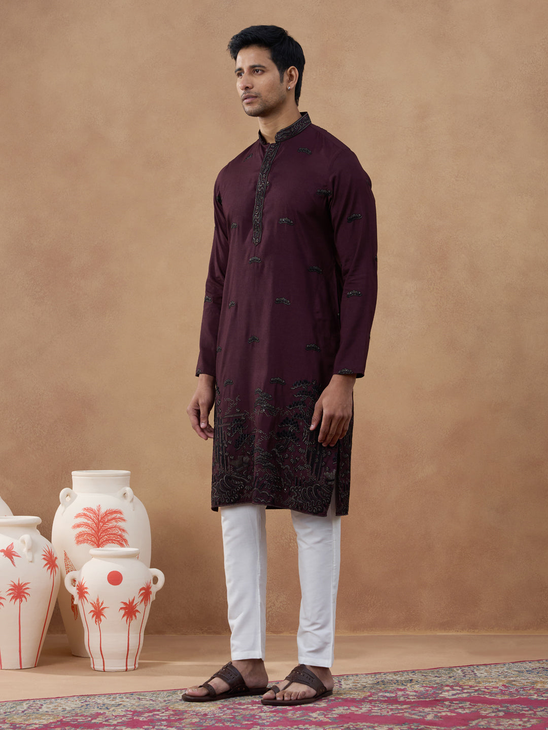 Maroon Black Motif Embroidered Kurta Set