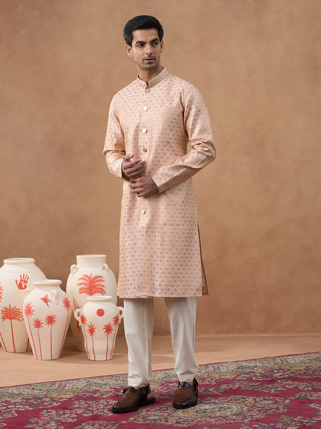 Peach Brocade Front-Open Kurta Set